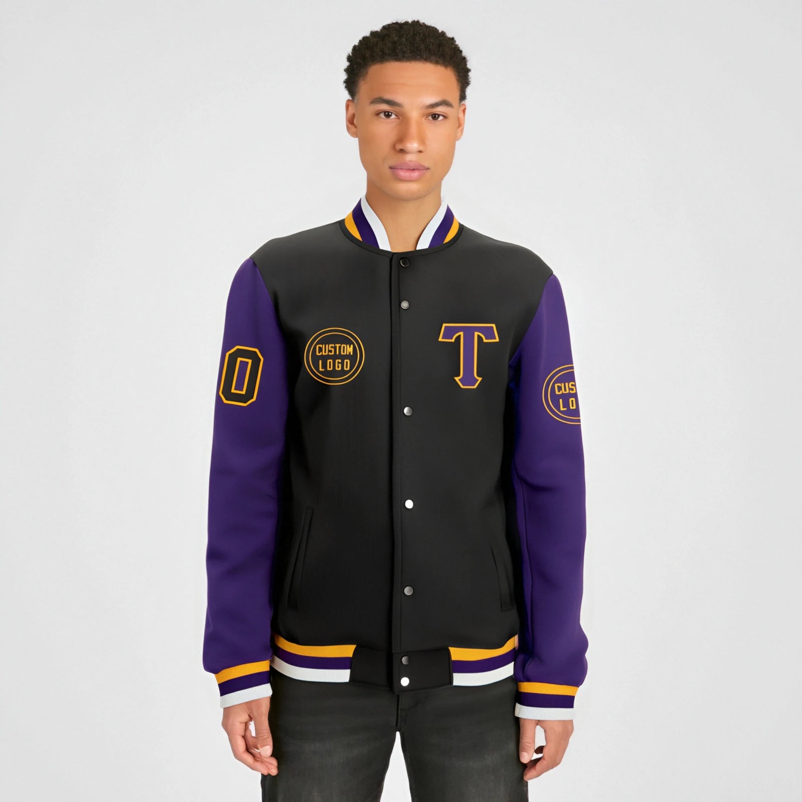 Custom Purple Black Bomber Full-Snap Varsity Letterman Two Tone Jacket