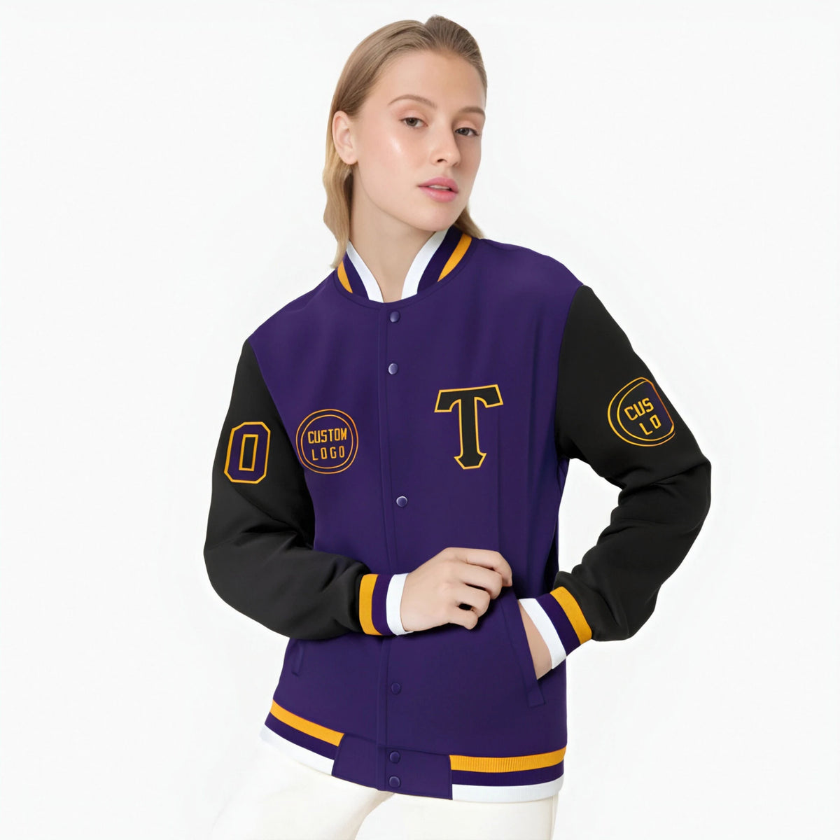 Custom Purple Black Bomber Full-Snap Varsity Letterman Two Tone Jacket