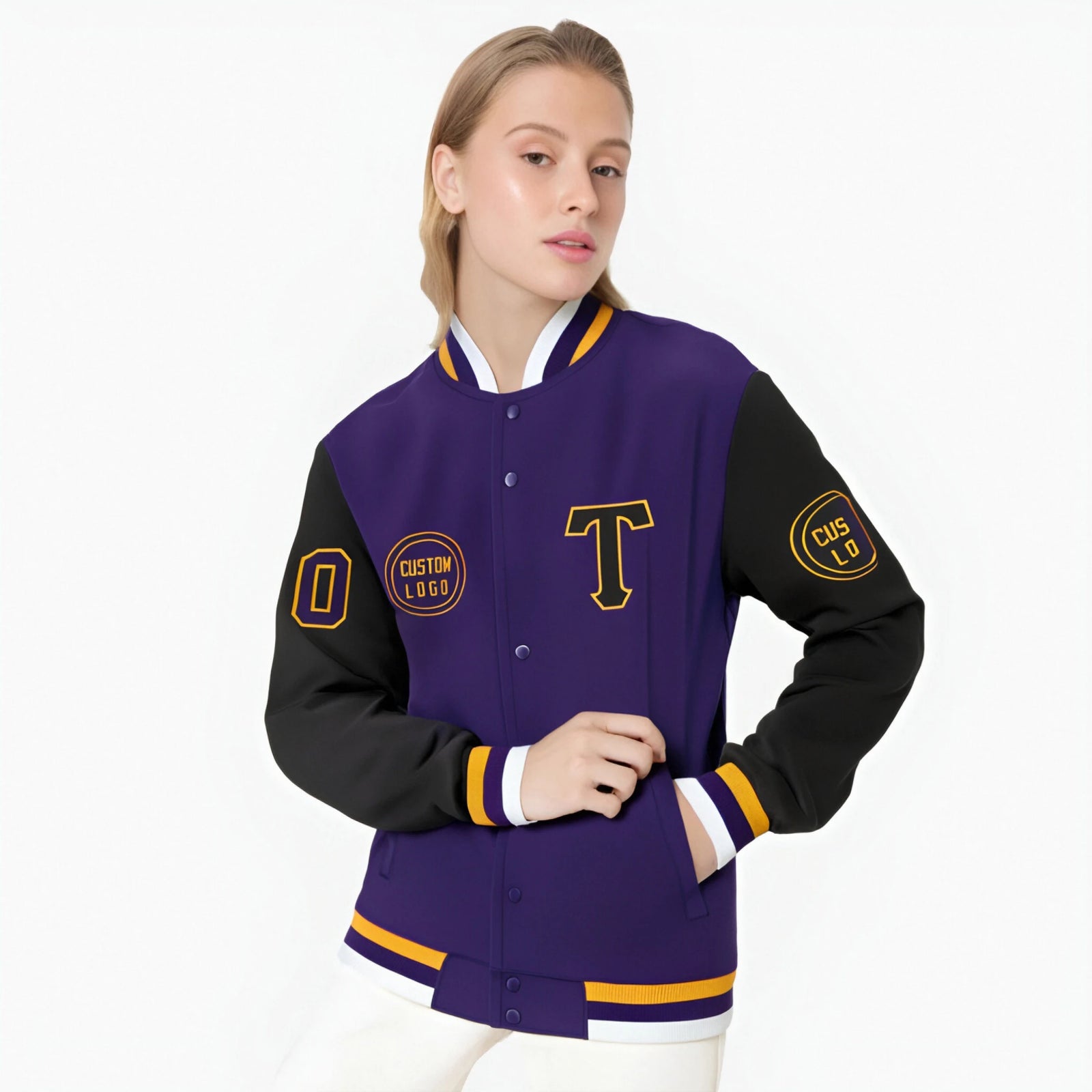 Custom Purple Black Bomber Full-Snap Varsity Letterman Two Tone Jacket