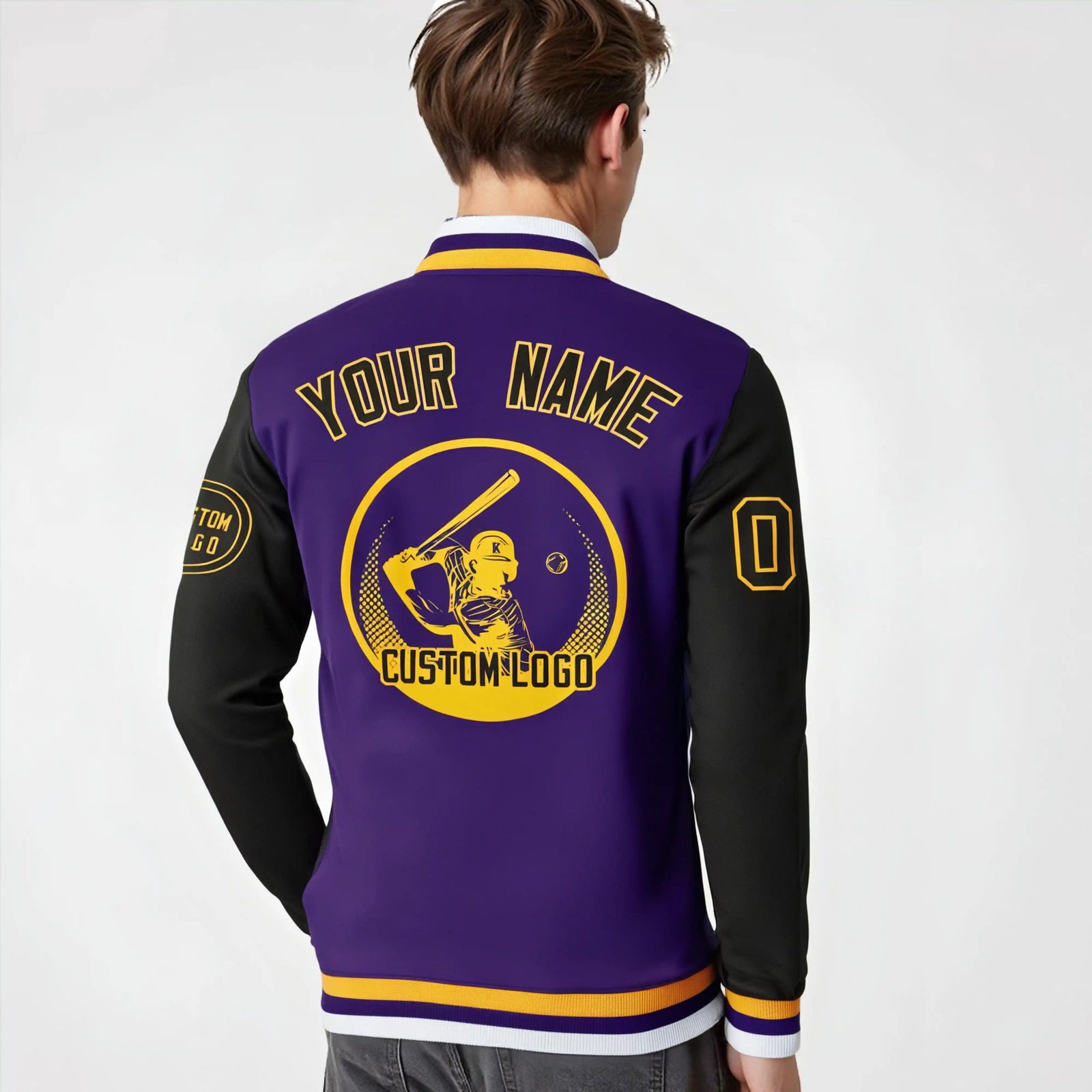 Custom Purple Black Bomber Full-Snap Varsity Letterman Two Tone Jacket