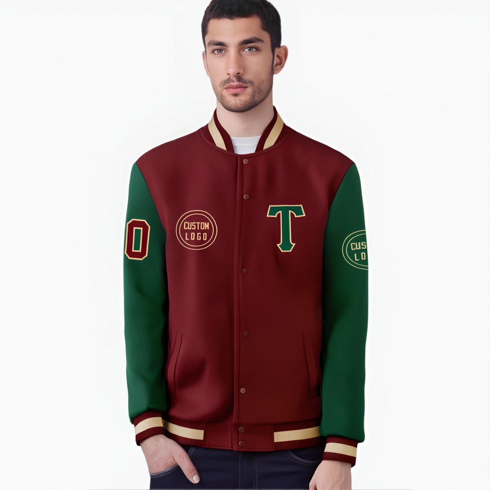 Custom Crimson Green Bomber Full-Snap Varsity Letterman Two Tone Jacket