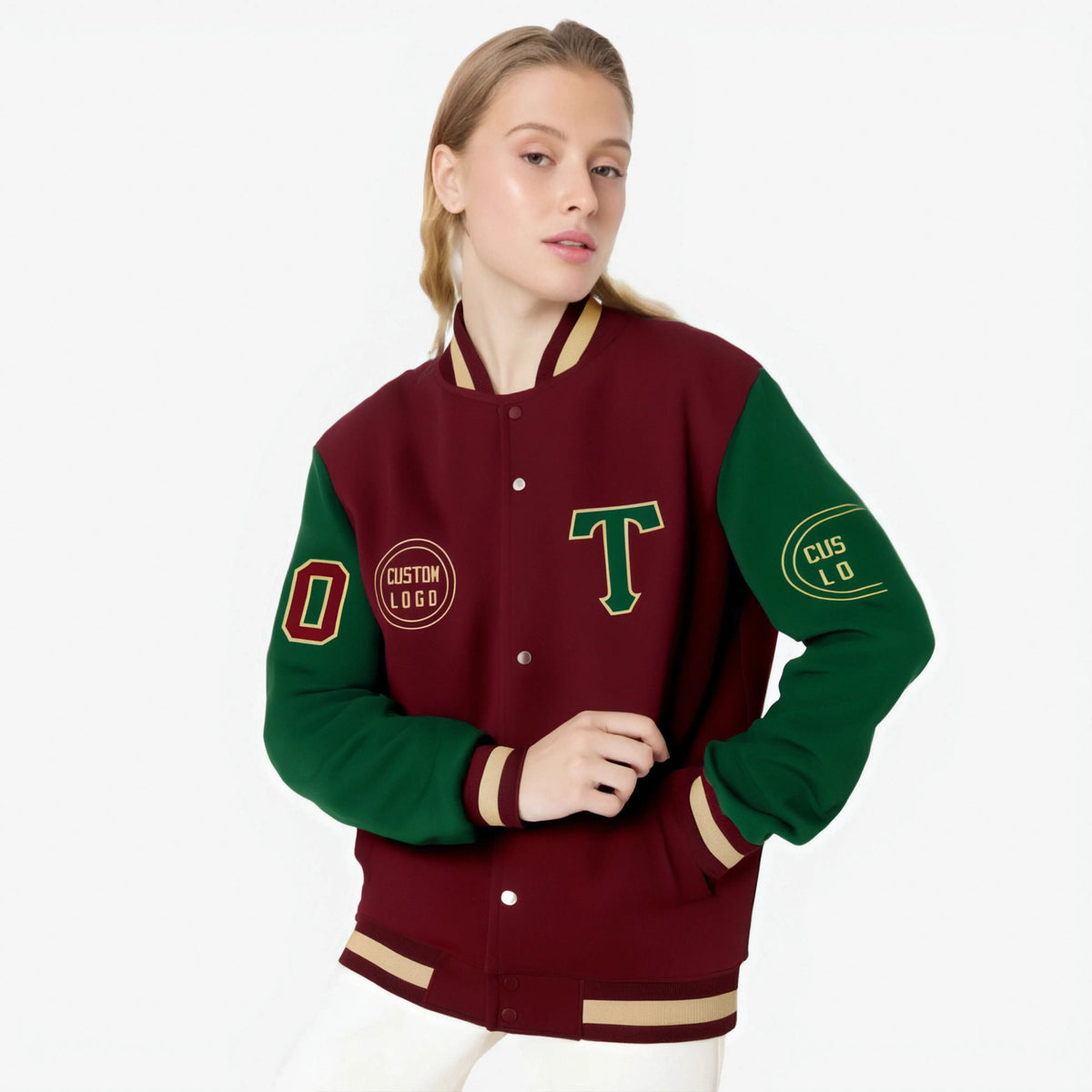 Custom Crimson Green Bomber Full-Snap Varsity Letterman Two Tone Jacket