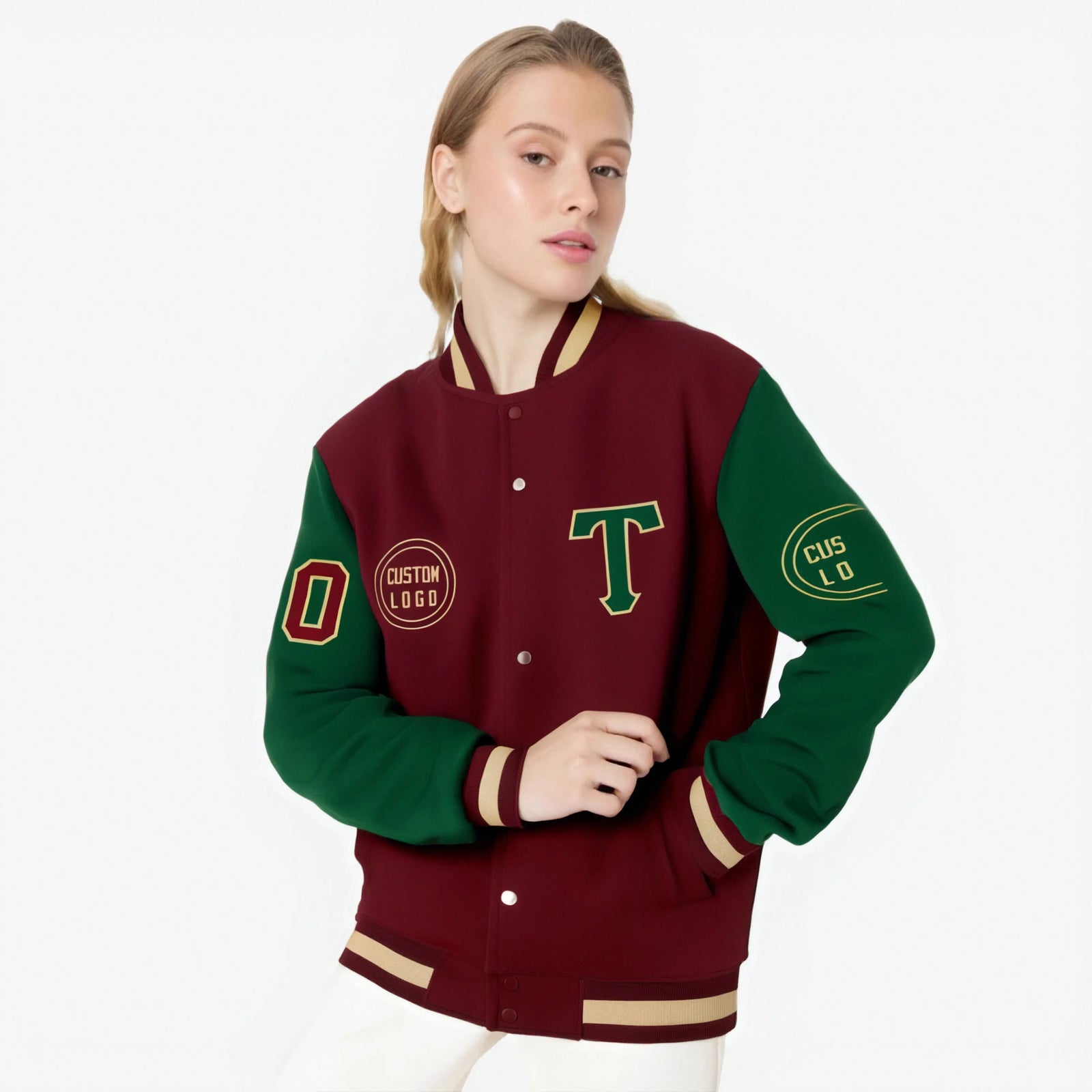 Custom Crimson Green Bomber Full-Snap Varsity Letterman Two Tone Jacket