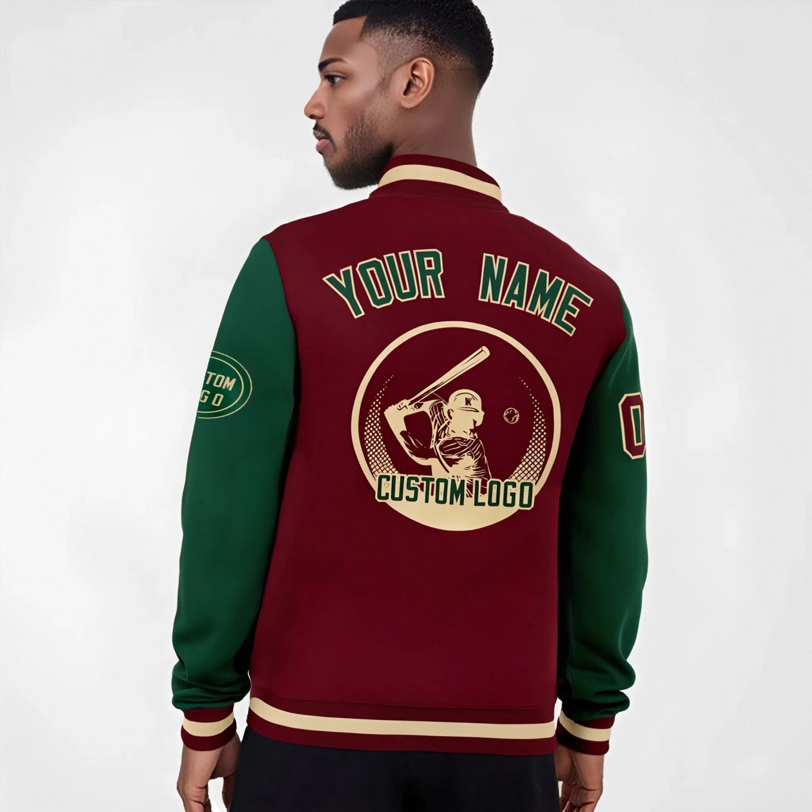 Custom Crimson Green Bomber Full-Snap Varsity Letterman Two Tone Jacket