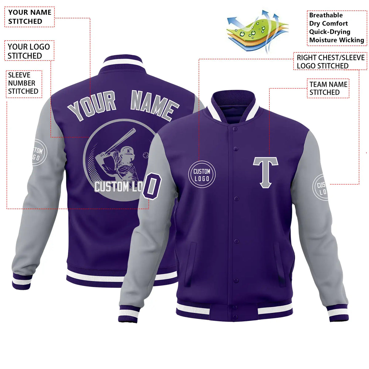 Custom Purple Gray Bomber Full-Snap Varsity Letterman Two Tone Jacket