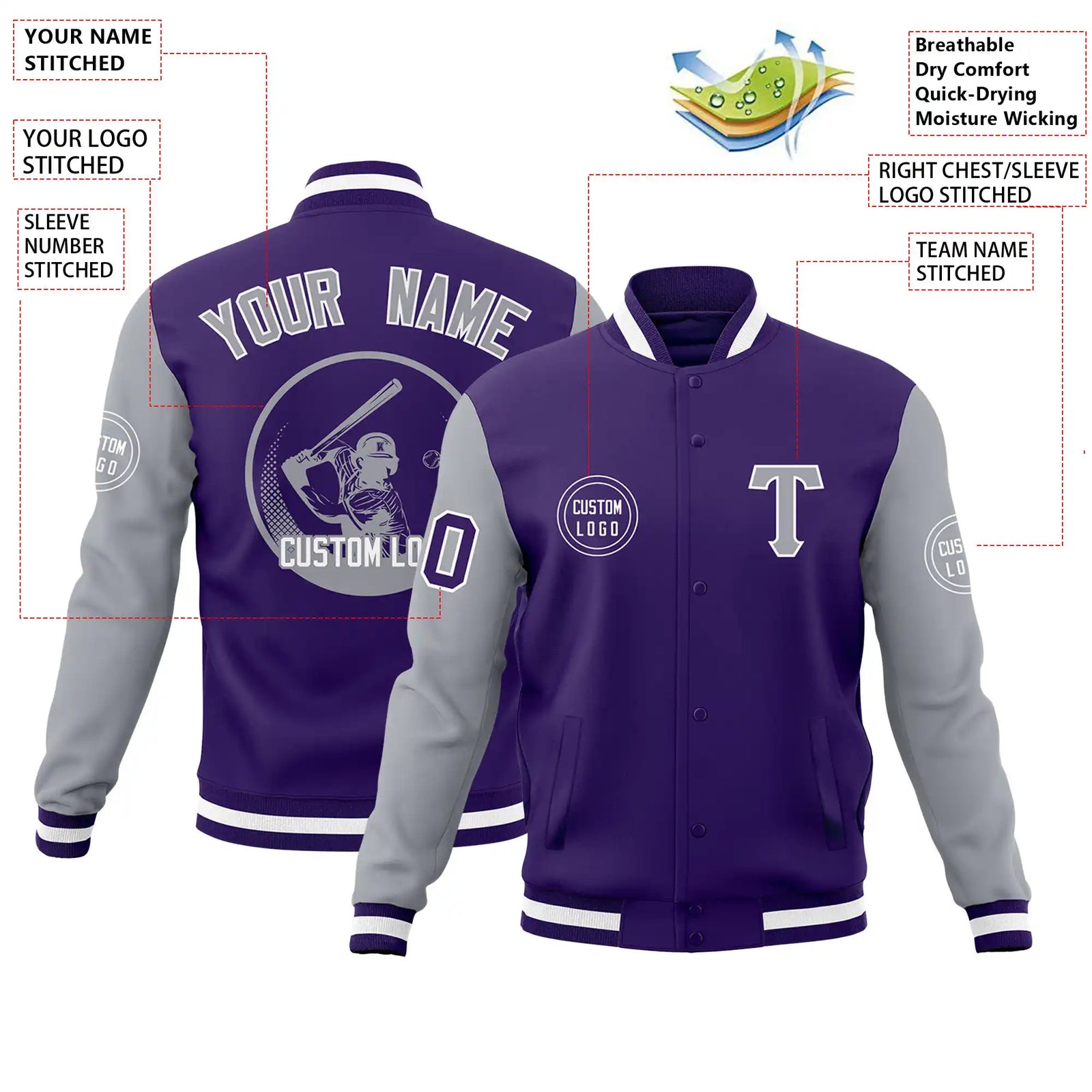 Custom Purple Gray Bomber Full-Snap Varsity Letterman Two Tone Jacket