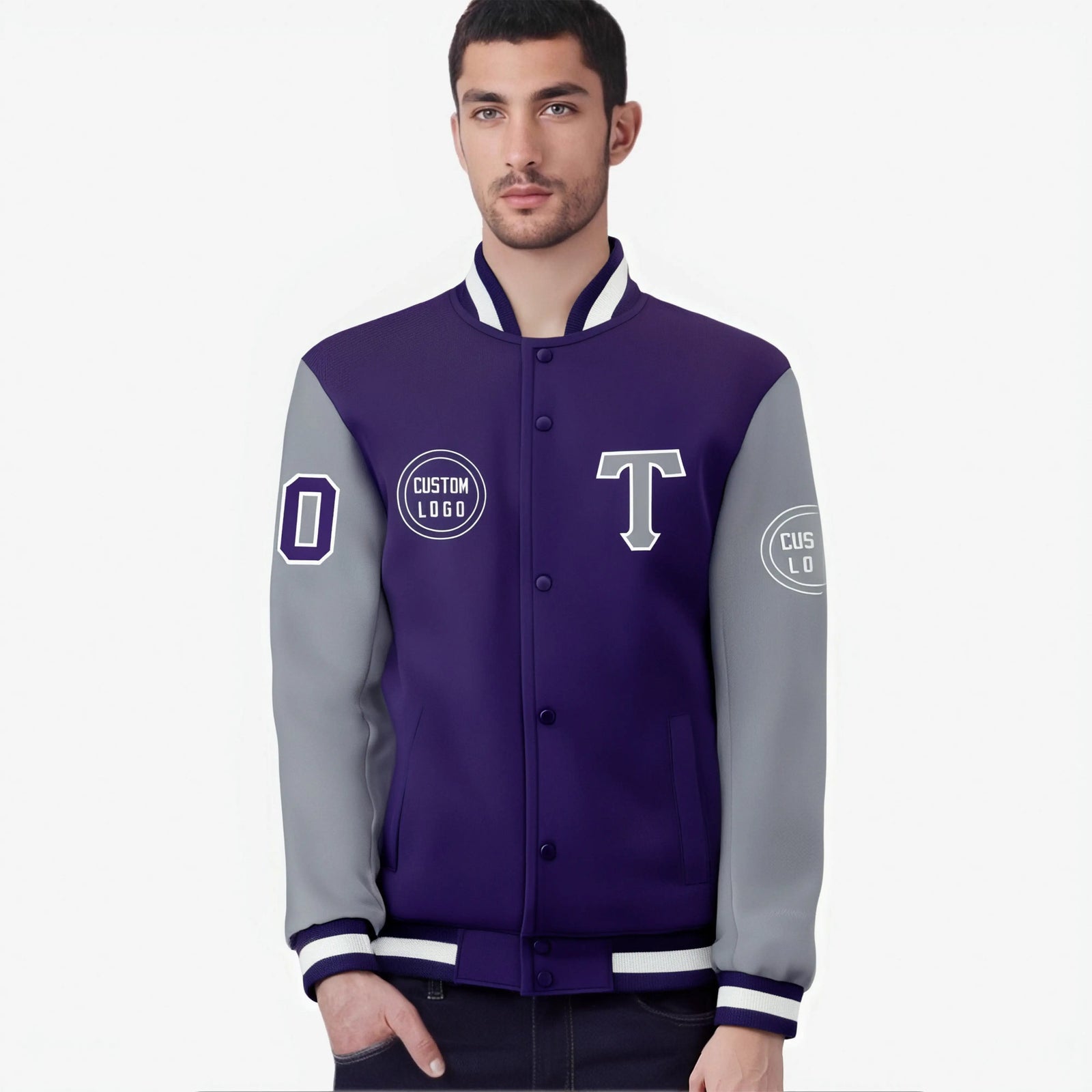 Custom Purple Gray Bomber Full-Snap Varsity Letterman Two Tone Jacket