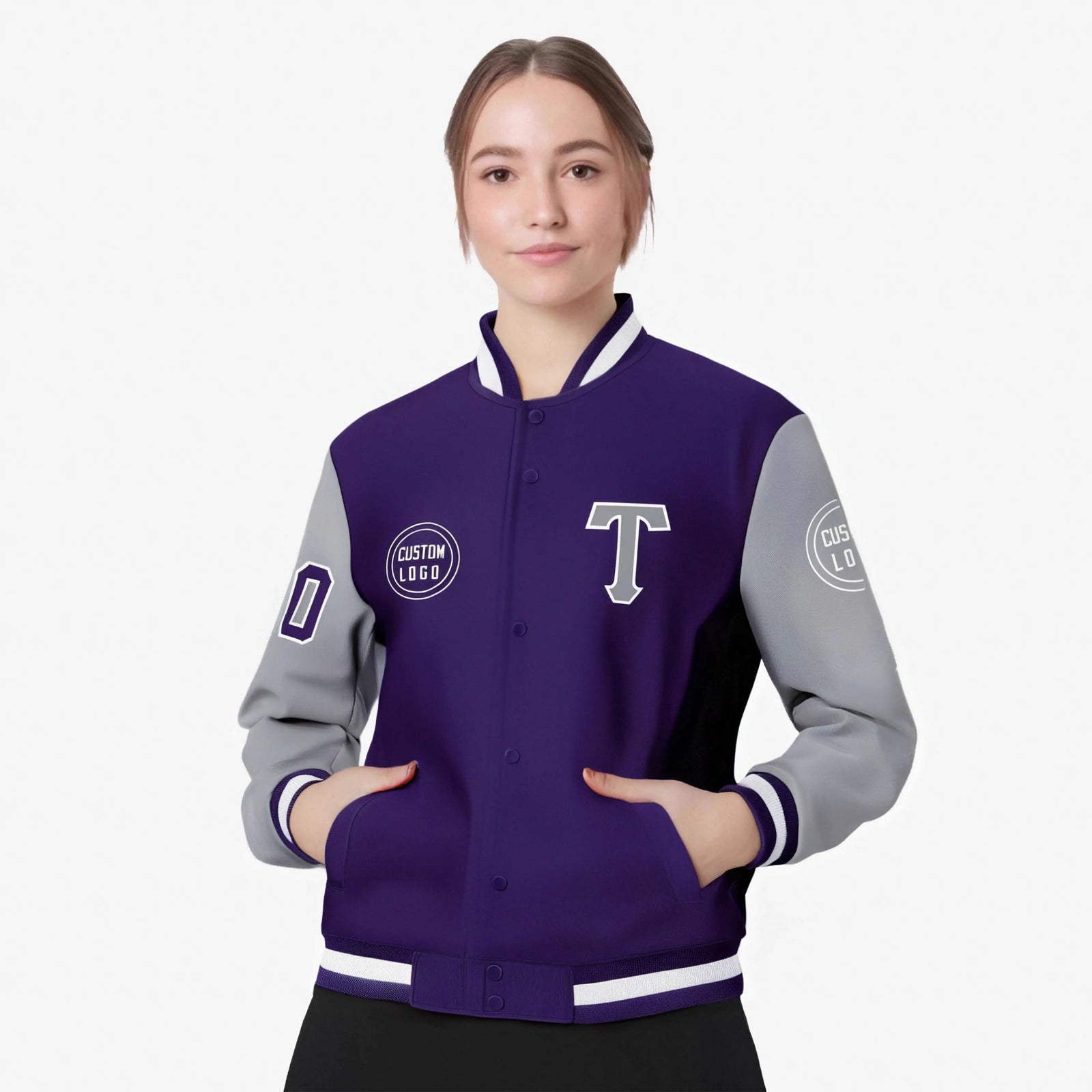 Custom Purple Gray Bomber Full-Snap Varsity Letterman Two Tone Jacket