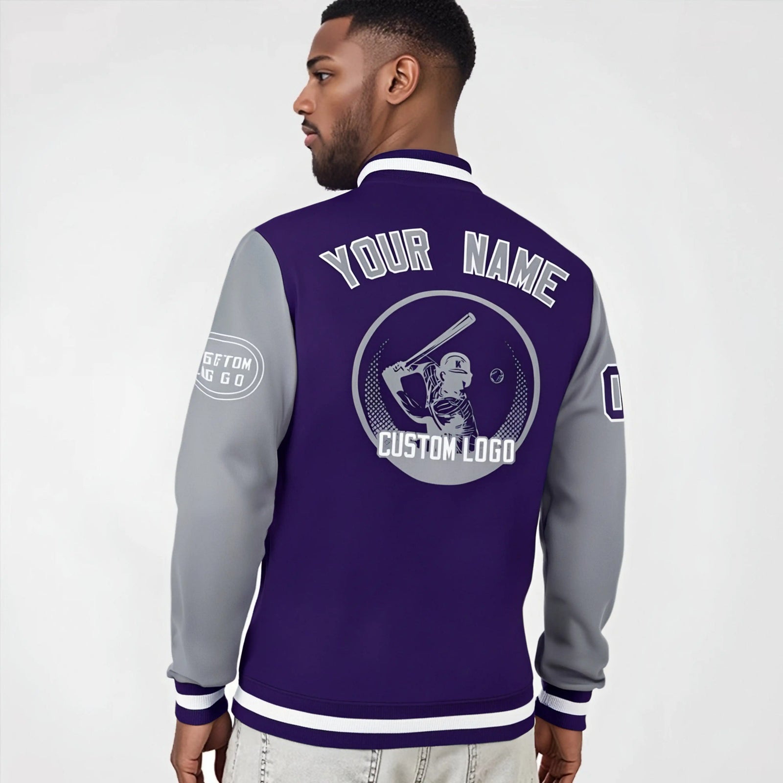 Custom Purple Gray Bomber Full-Snap Varsity Letterman Two Tone Jacket