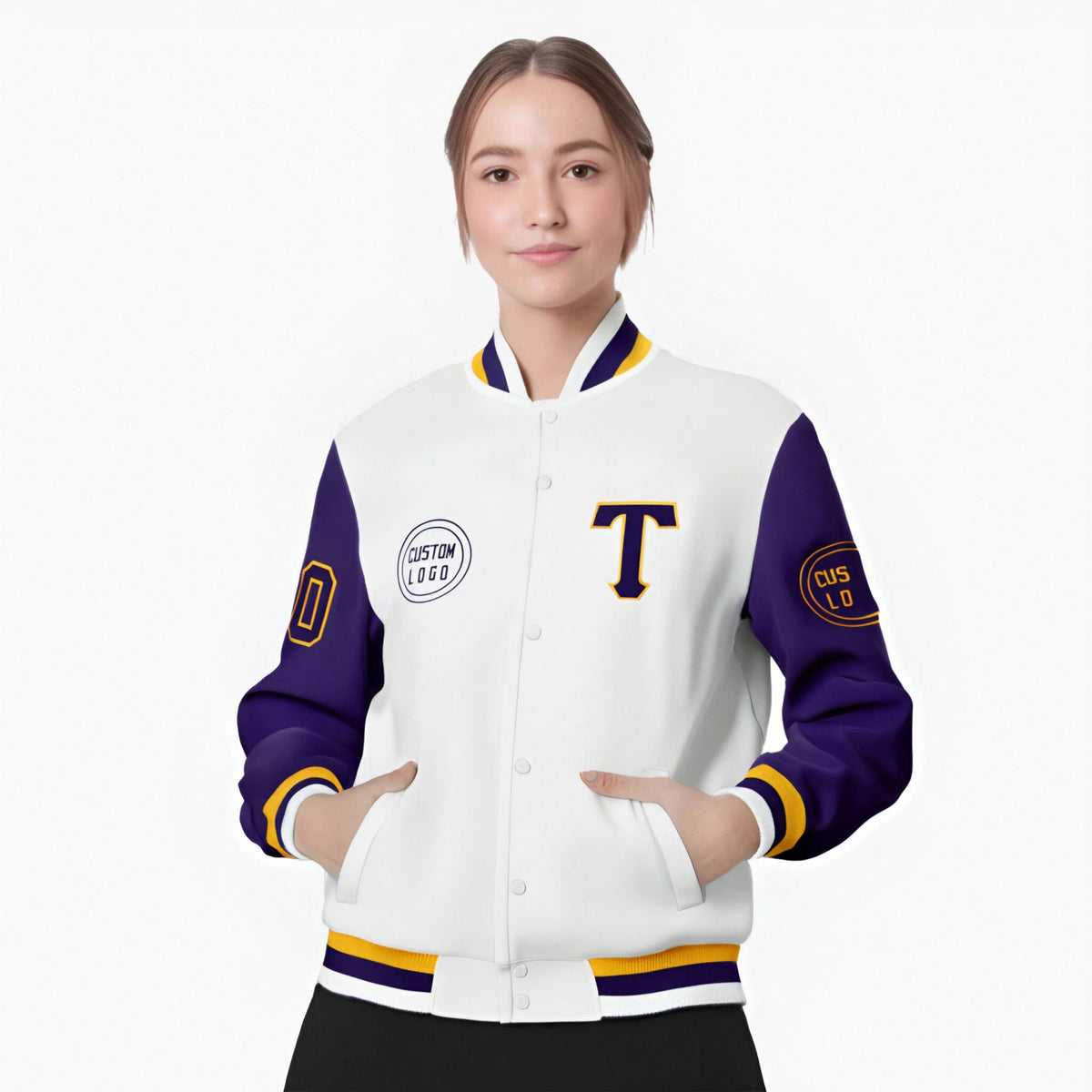Custom White Purple Bomber Full-Snap Varsity Letterman Two Tone Jacket