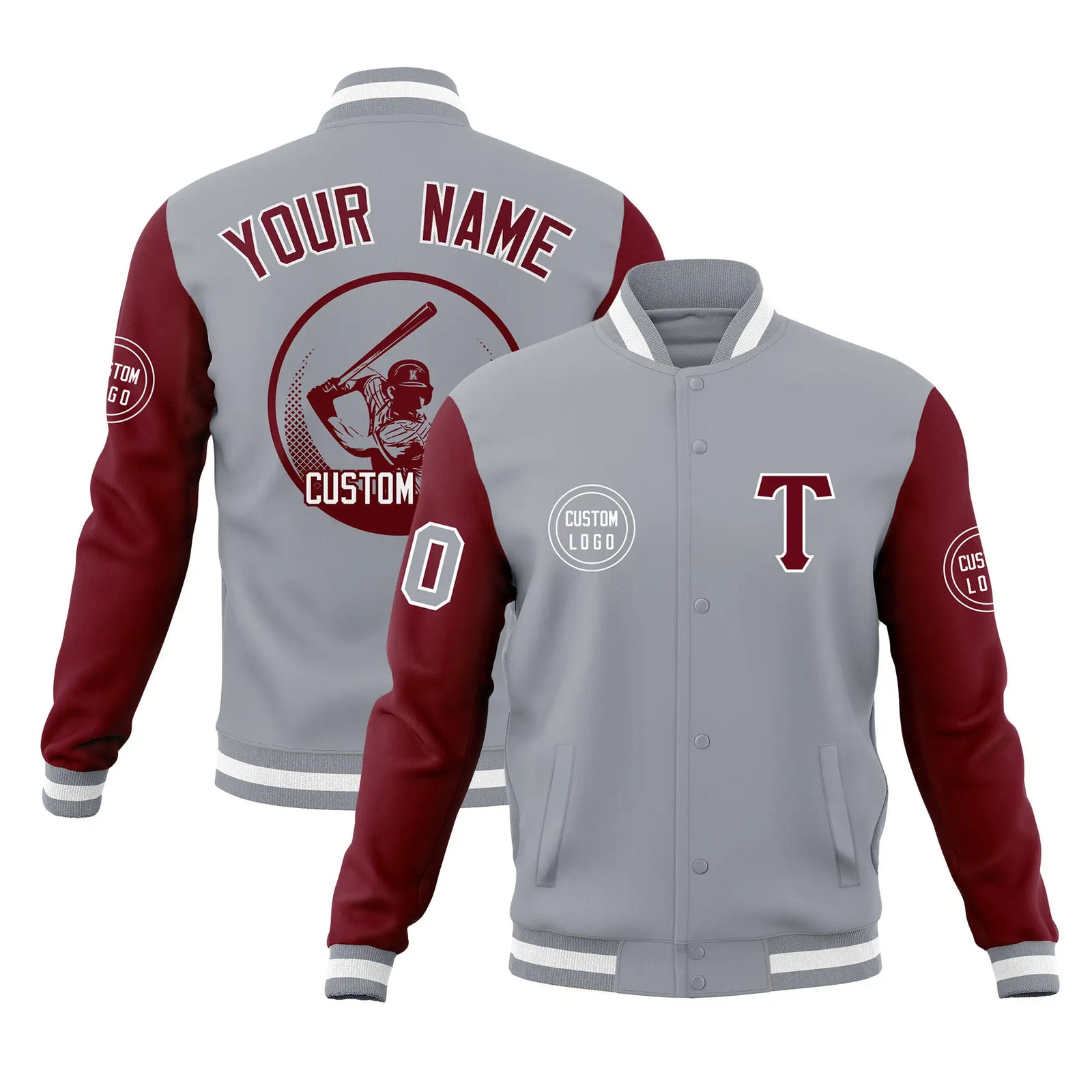 Custom Gray Crimson Bomber Full-Snap Varsity Letterman Two Tone Jacket