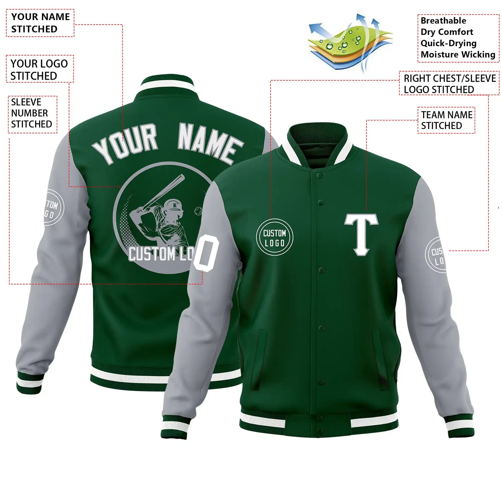 Custom Green Gray Bomber Full-Snap Varsity Letterman Two Tone Jacket