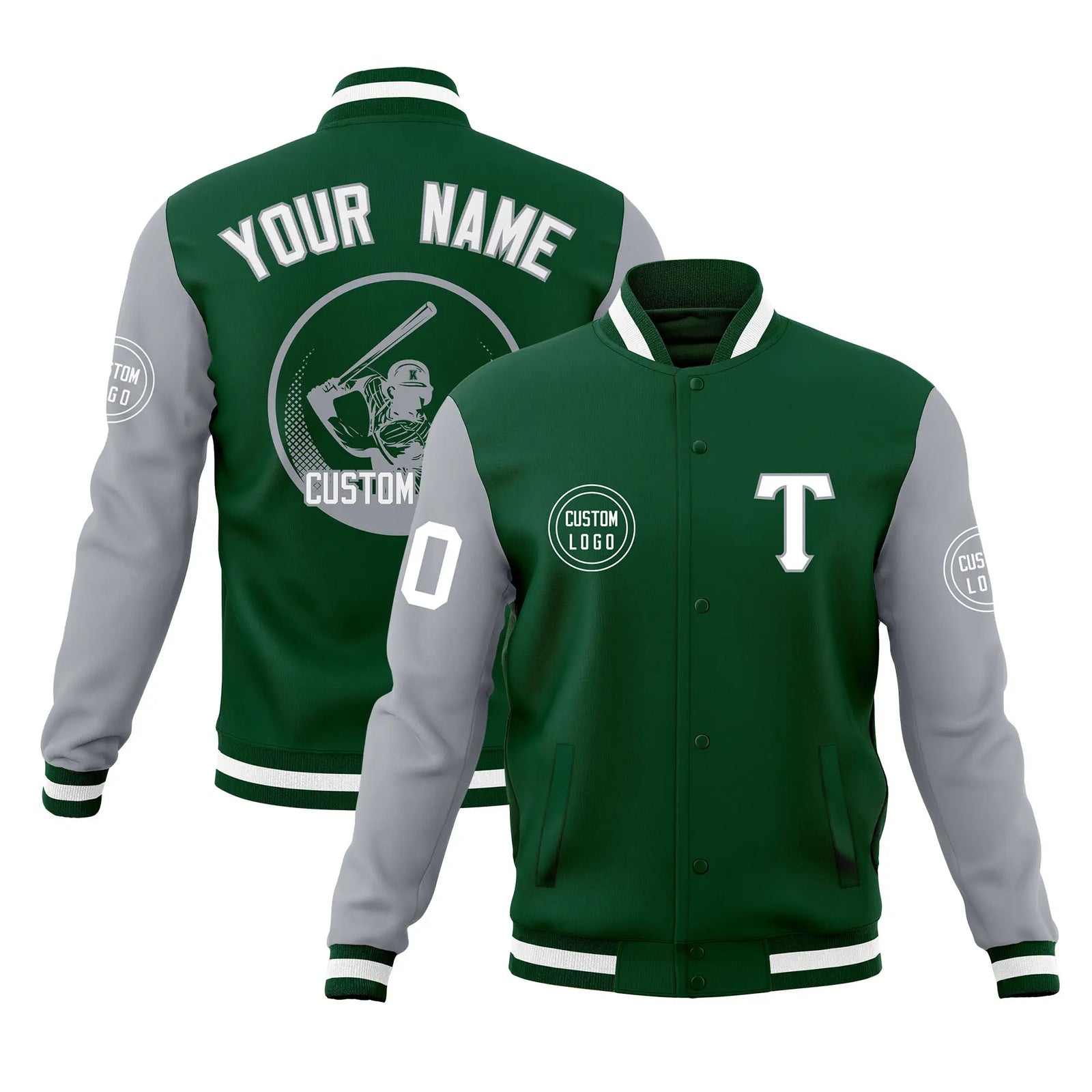 Custom Green Gray Bomber Full-Snap Varsity Letterman Two Tone Jacket