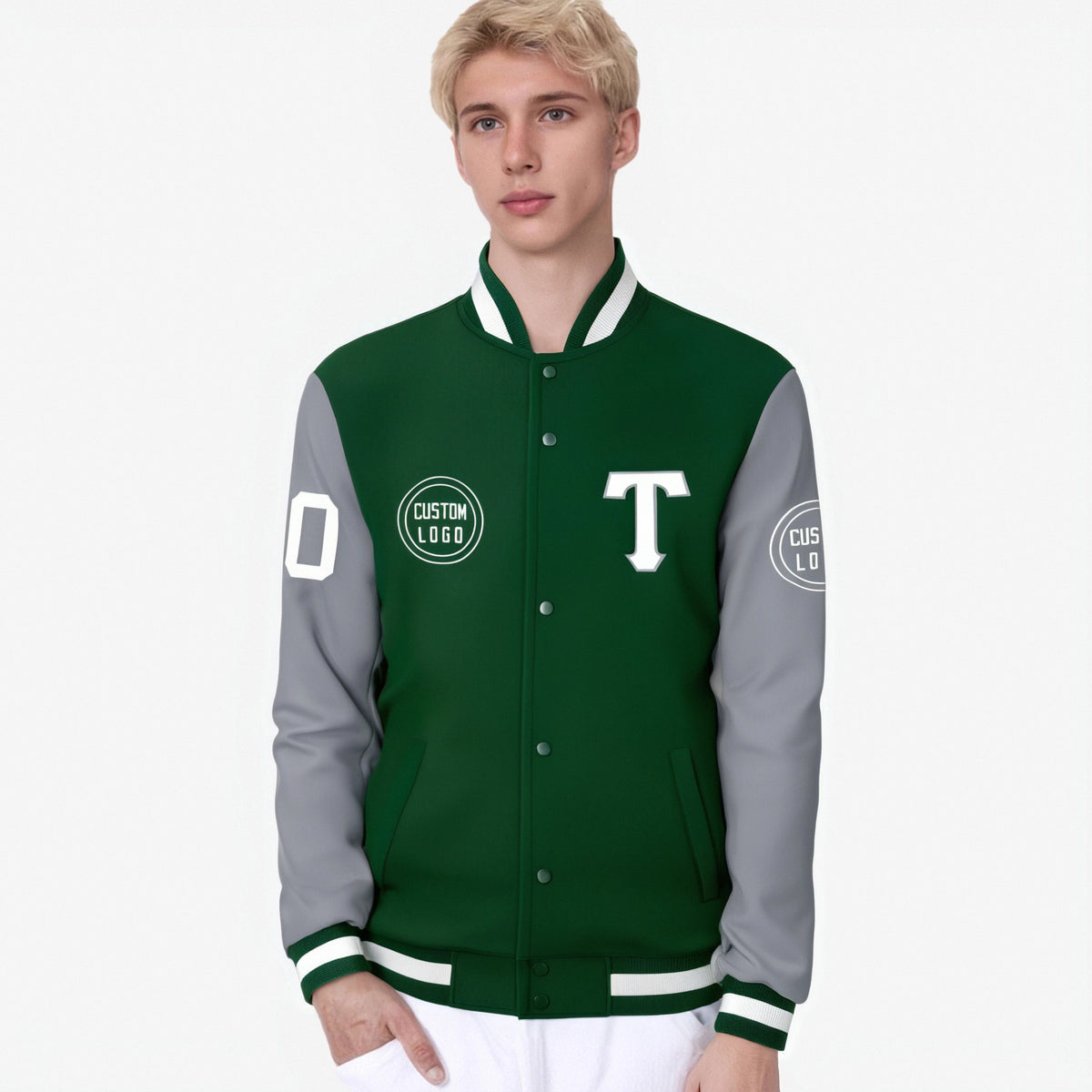 Custom Green Gray Bomber Full-Snap Varsity Letterman Two Tone Jacket