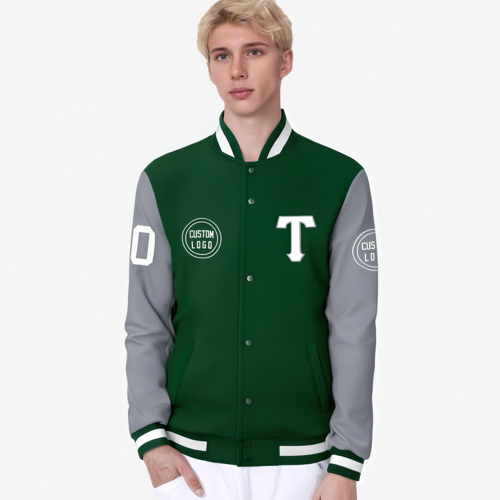Custom Green Gray Bomber Full-Snap Varsity Letterman Two Tone Jacket