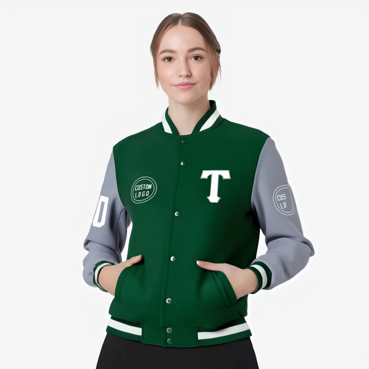 Custom Green Gray Bomber Full-Snap Varsity Letterman Two Tone Jacket