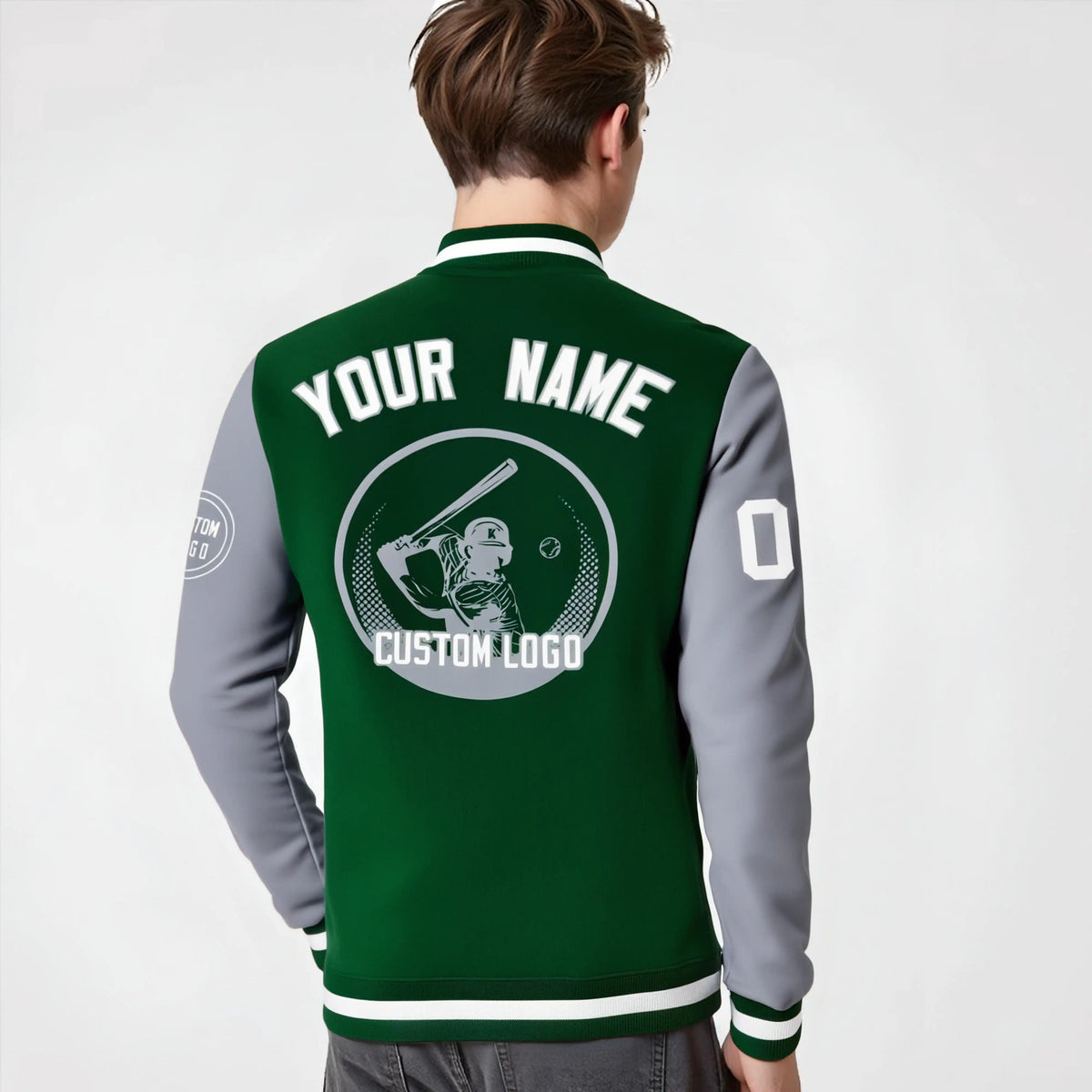 Custom Green Gray Bomber Full-Snap Varsity Letterman Two Tone Jacket