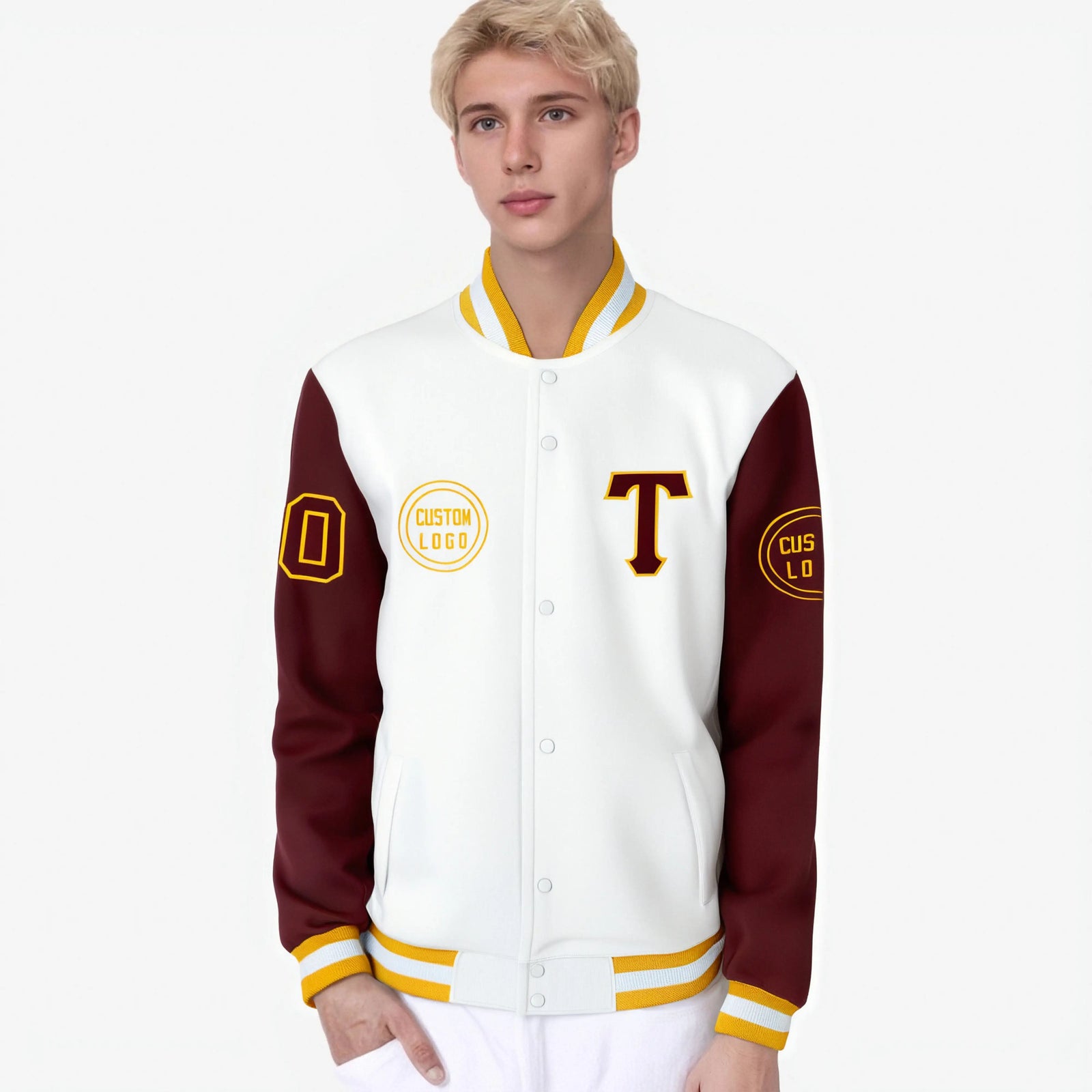 Custom White Crimson Bomber Full-Snap Varsity Letterman Two Tone Jacket