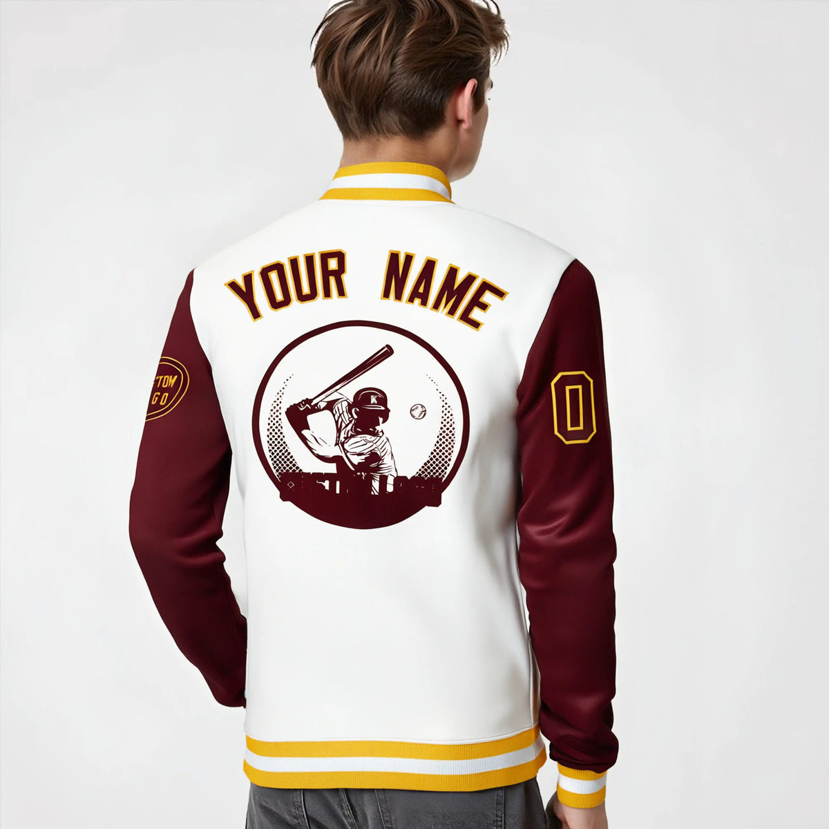 Custom White Crimson Bomber Full-Snap Varsity Letterman Two Tone Jacket