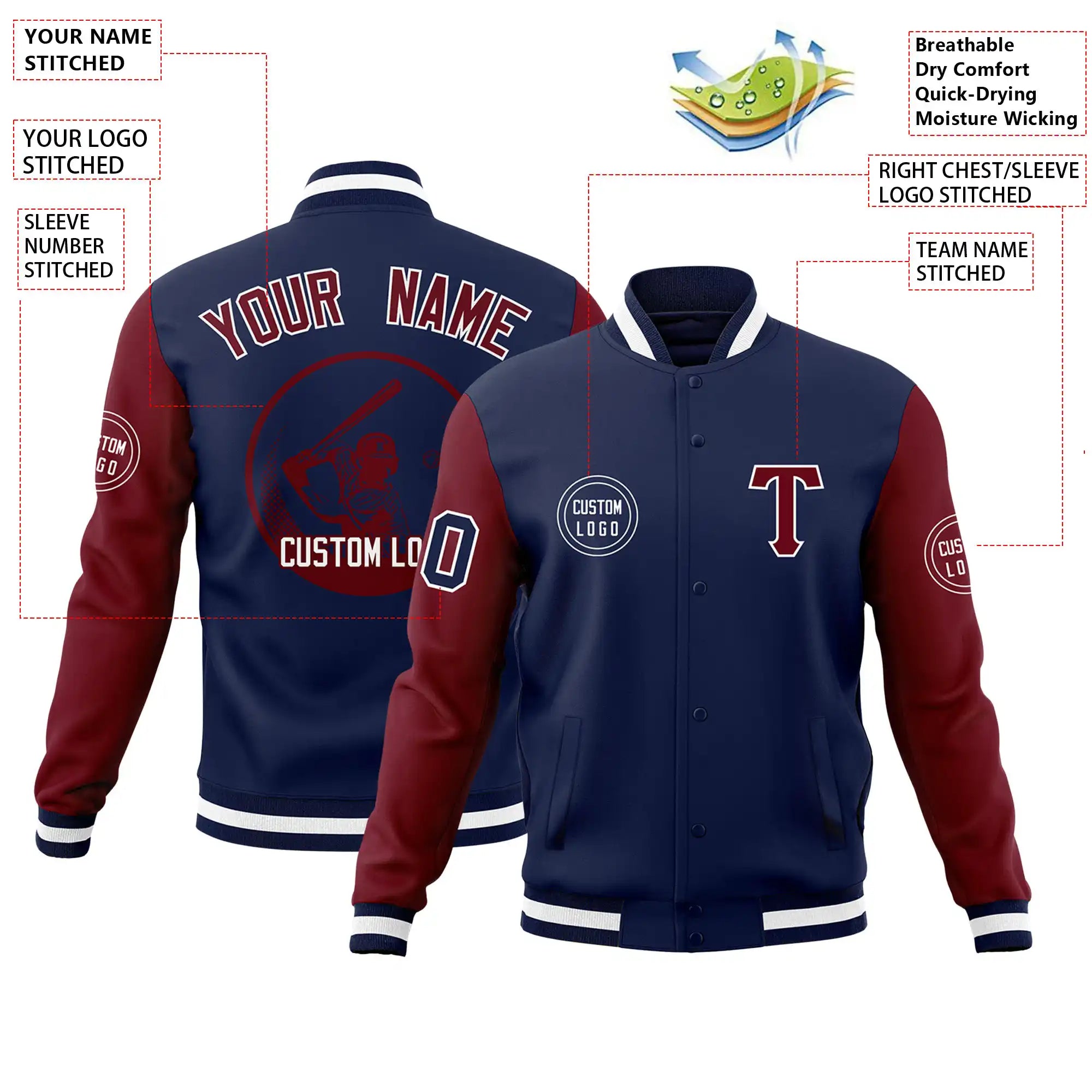 Custom Navy Crimson Bomber Full-Snap Varsity Letterman Two Tone Jacket