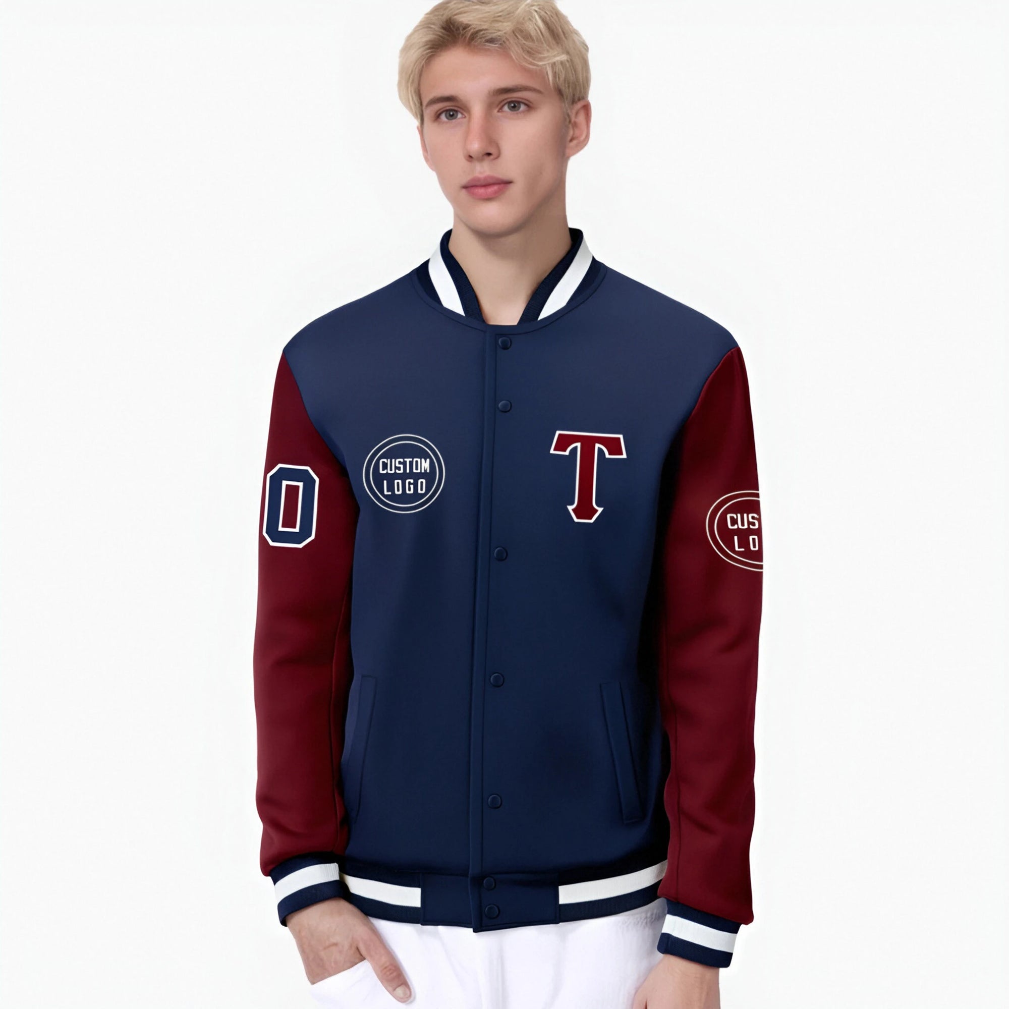 Custom Navy Crimson Bomber Full-Snap Varsity Letterman Two Tone Jacket