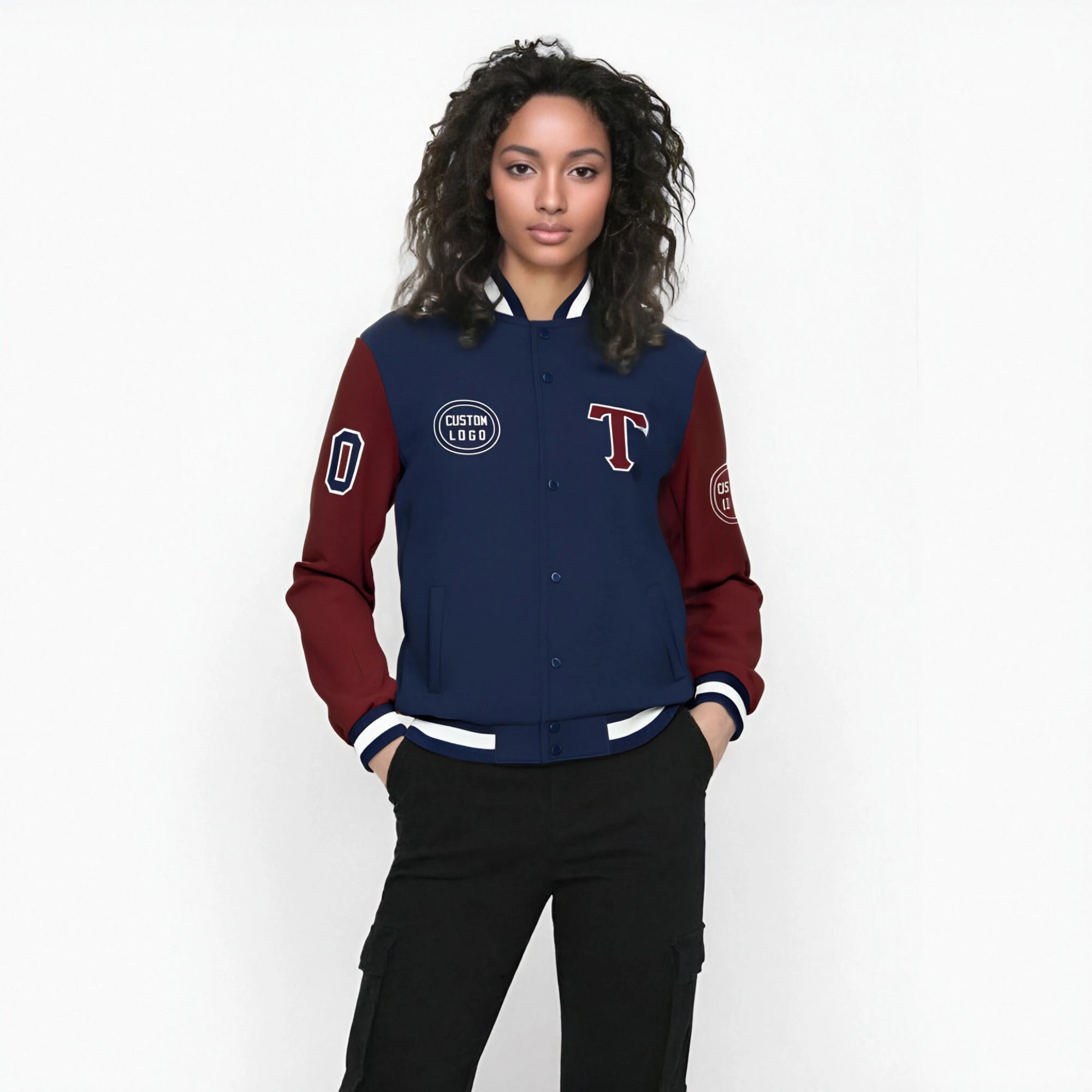 Custom Navy Crimson Bomber Full-Snap Varsity Letterman Two Tone Jacket