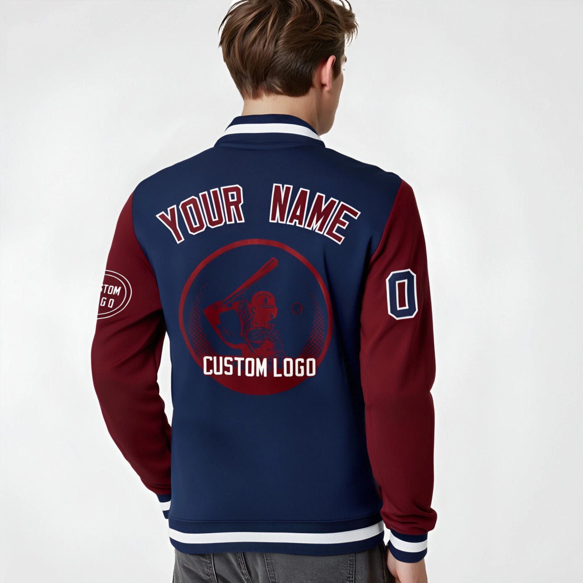 Custom Navy Crimson Bomber Full-Snap Varsity Letterman Two Tone Jacket