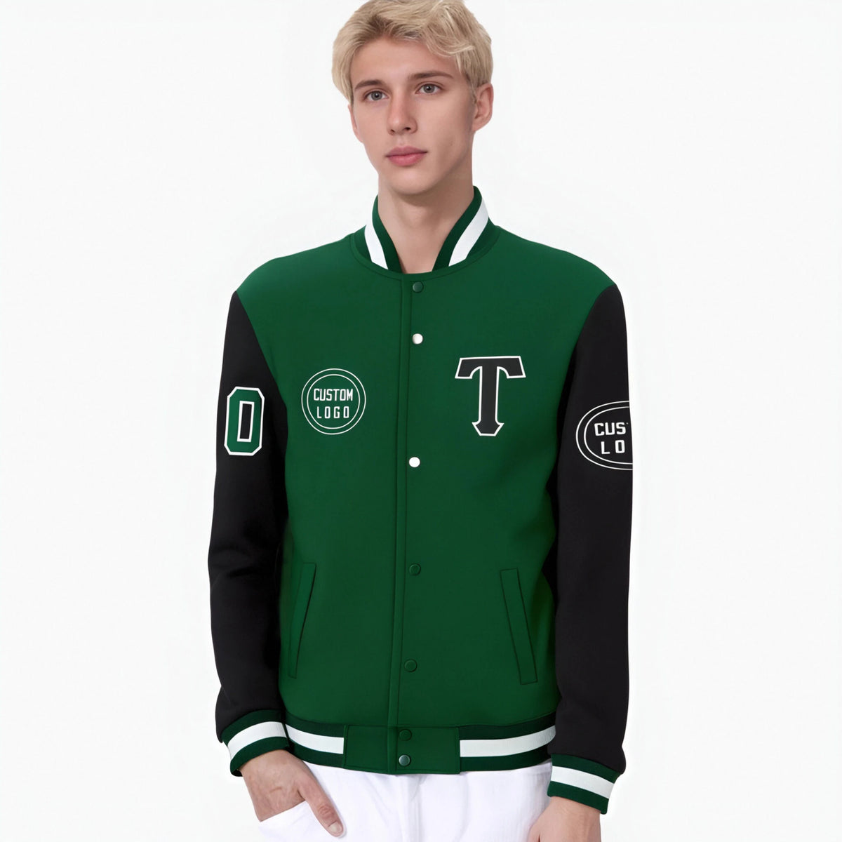 Custom Green Black Bomber Full-Snap Varsity Letterman Two Tone Jacket