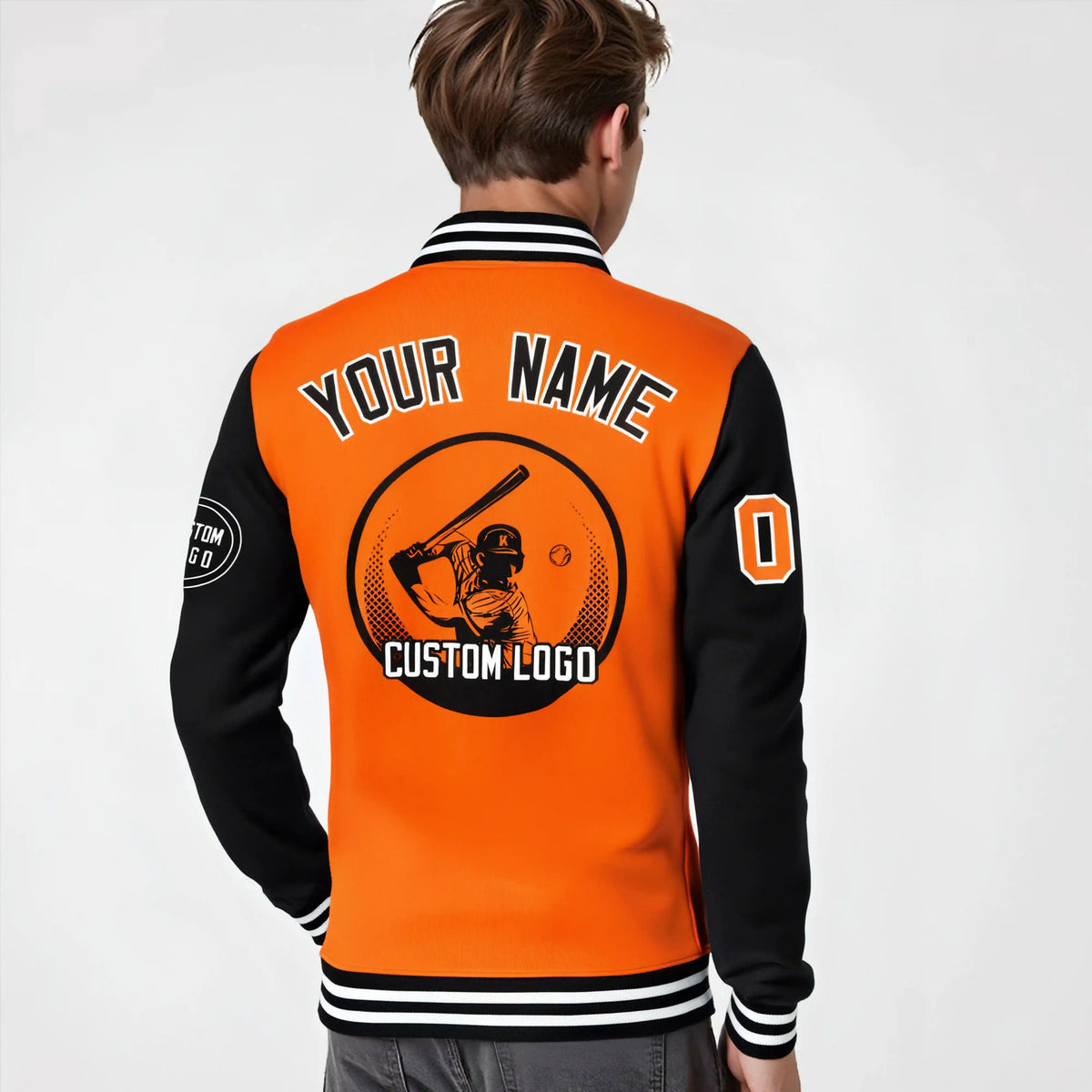 Custom Orange Black Bomber Full-Snap Varsity Letterman Two Tone Jacket