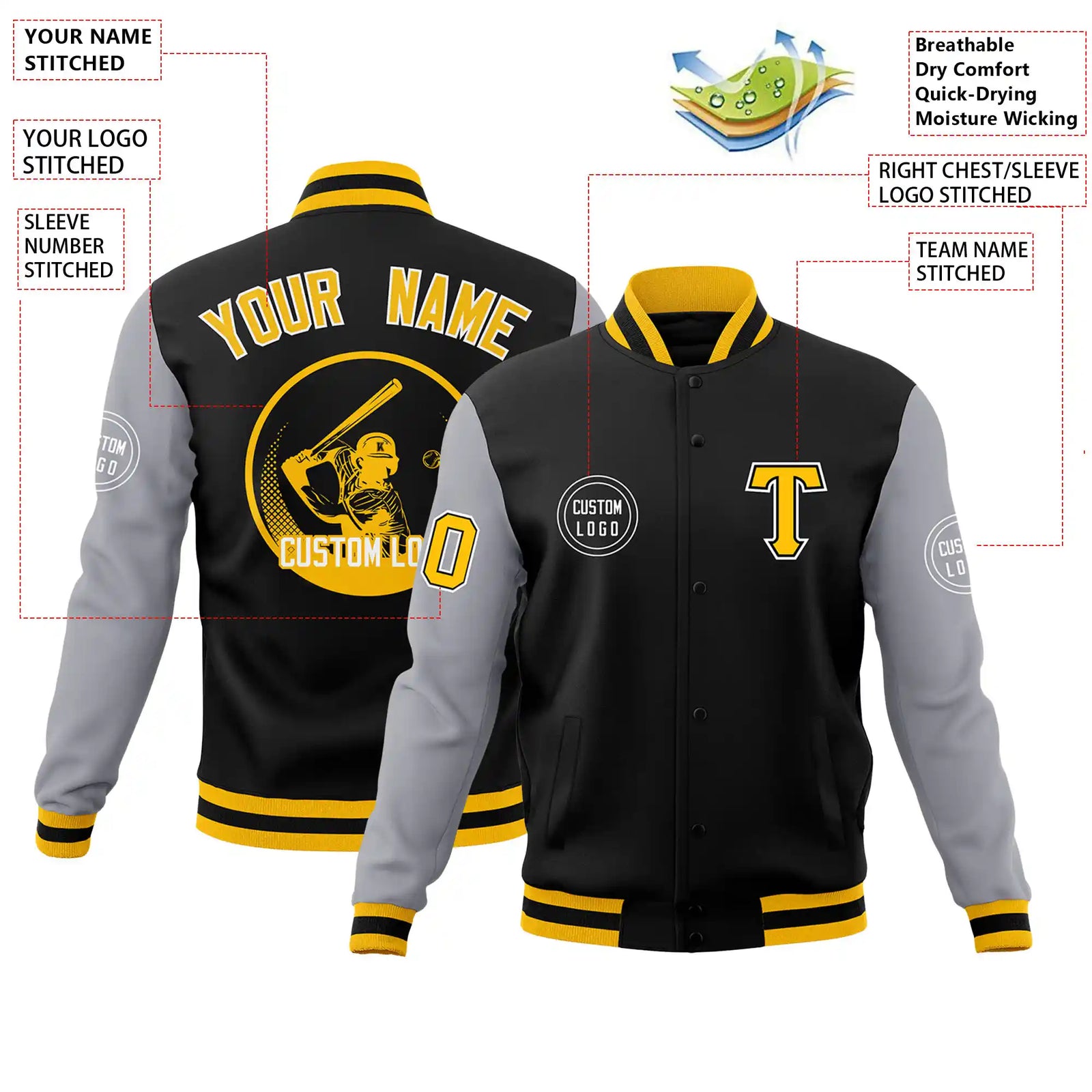 Custom Black Gray Bomber Full-Snap Varsity Letterman Two Tone Jacket