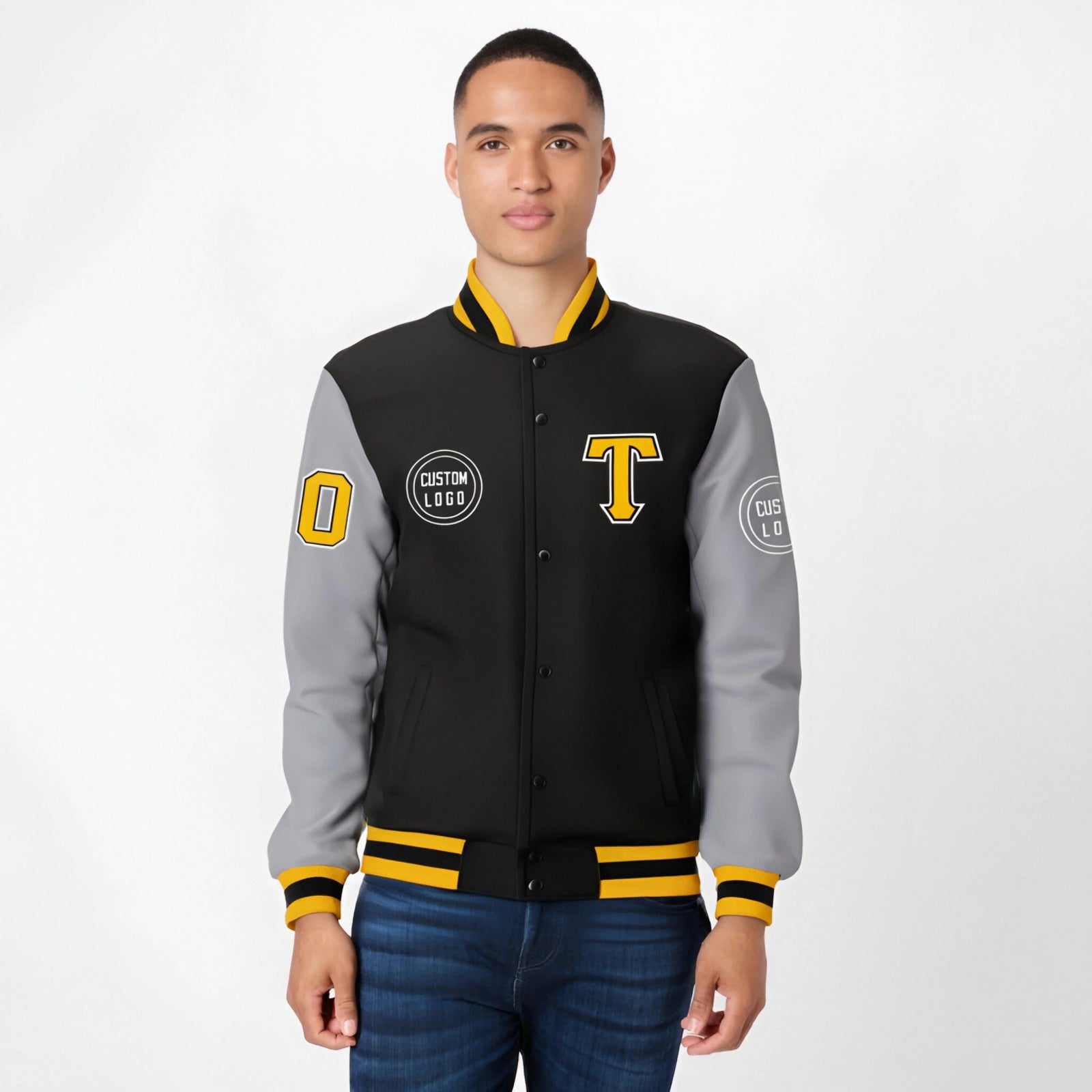 Custom Black Gray Bomber Full-Snap Varsity Letterman Two Tone Jacket