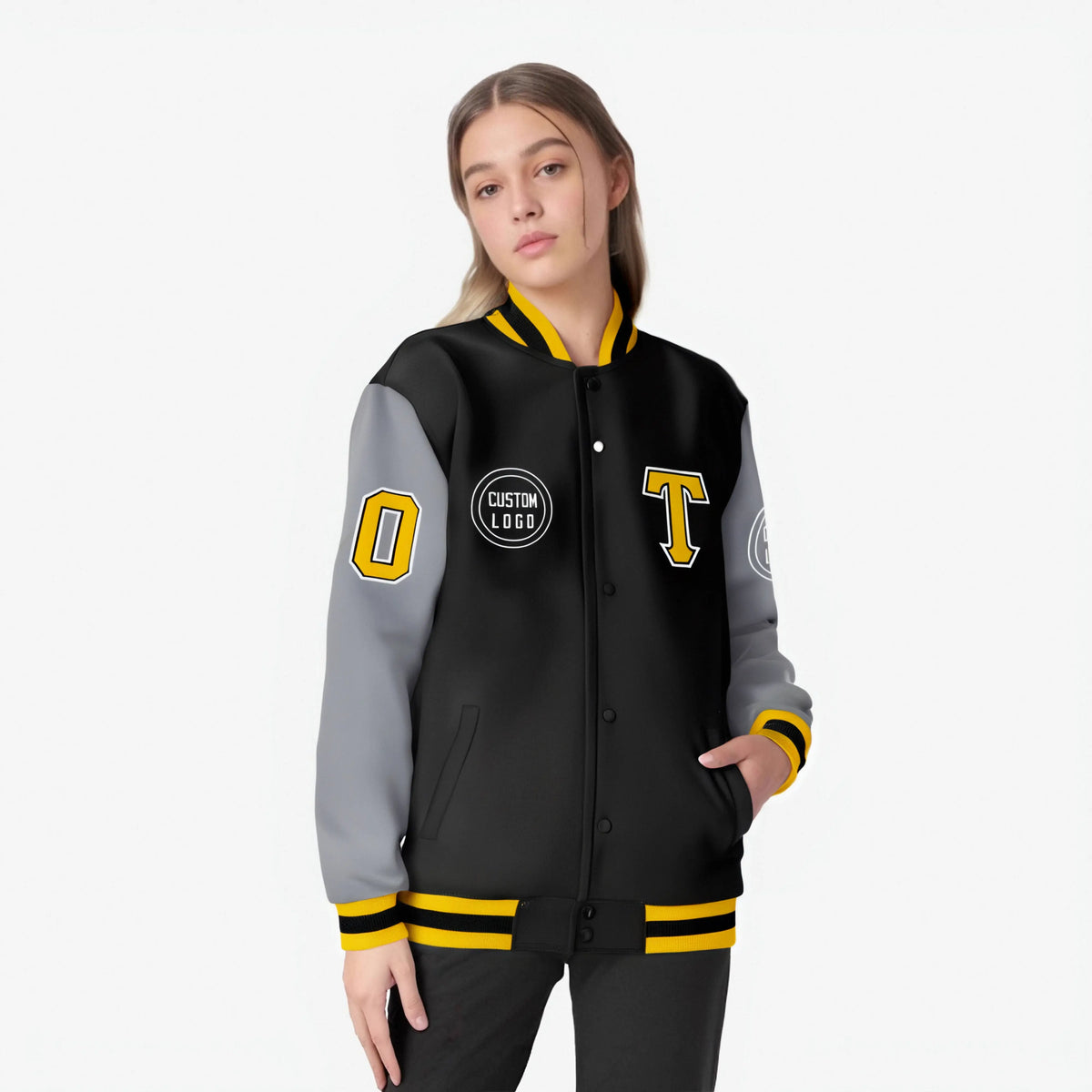 Custom Black Gray Bomber Full-Snap Varsity Letterman Two Tone Jacket