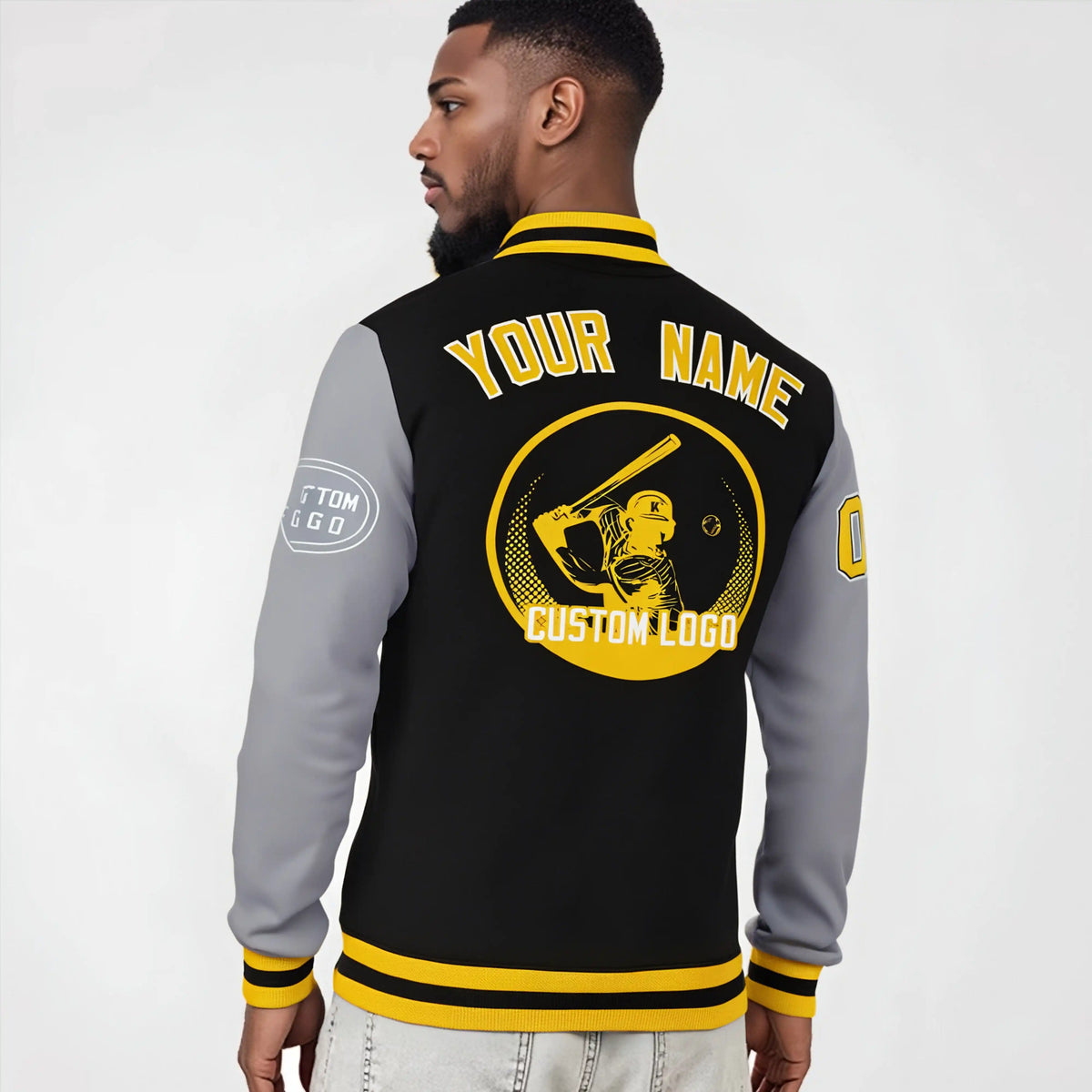 Custom Black Gray Bomber Full-Snap Varsity Letterman Two Tone Jacket