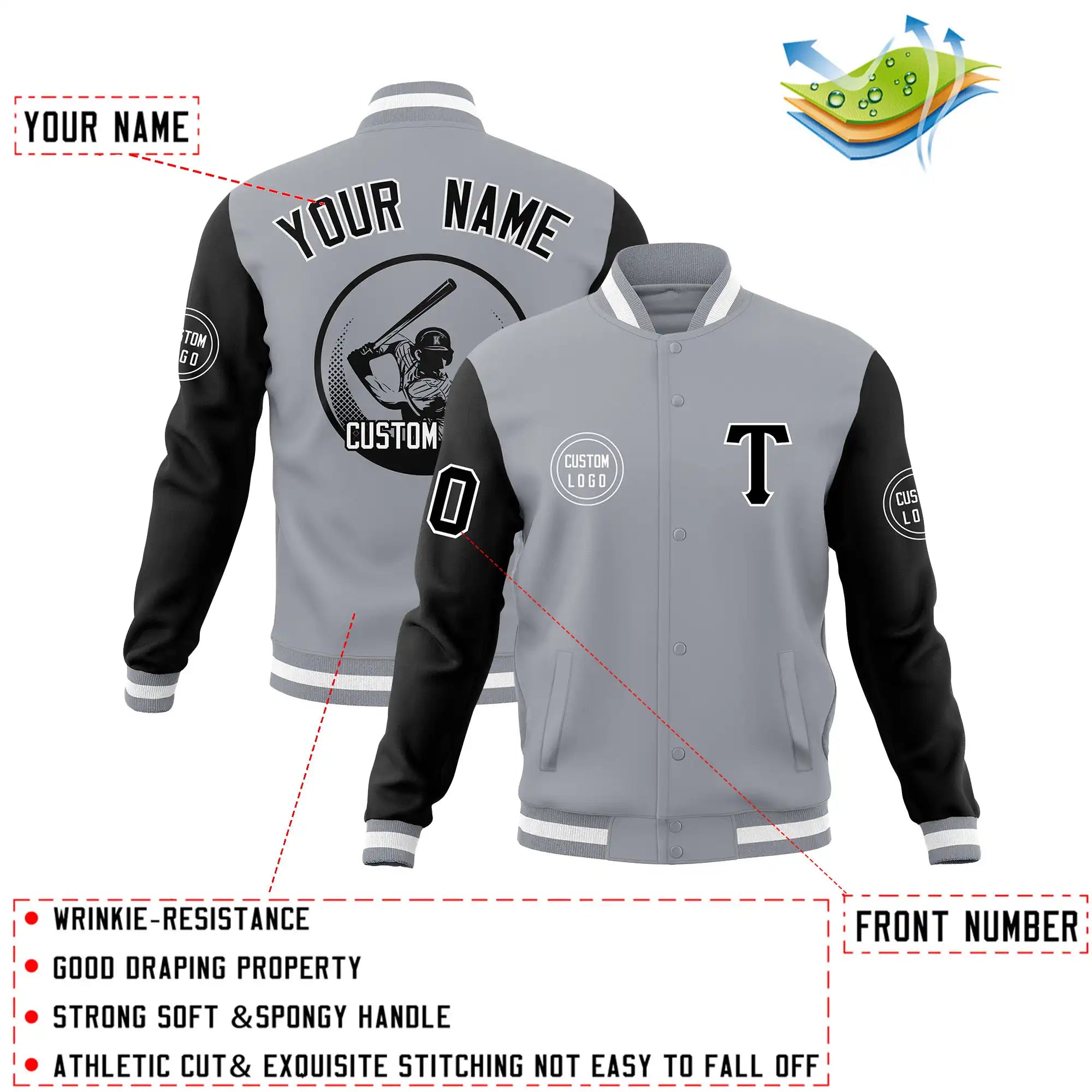 Custom Gray Black Bomber Full-Snap Varsity Letterman Two Tone Jacket