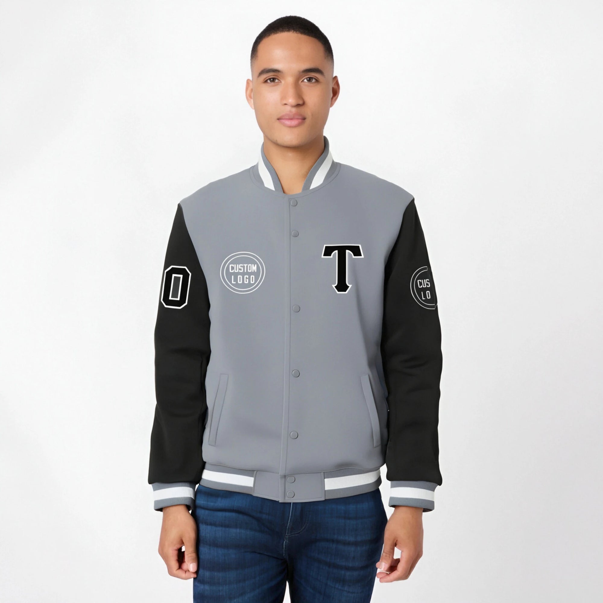 Custom Gray Black Bomber Full-Snap Varsity Letterman Two Tone Jacket