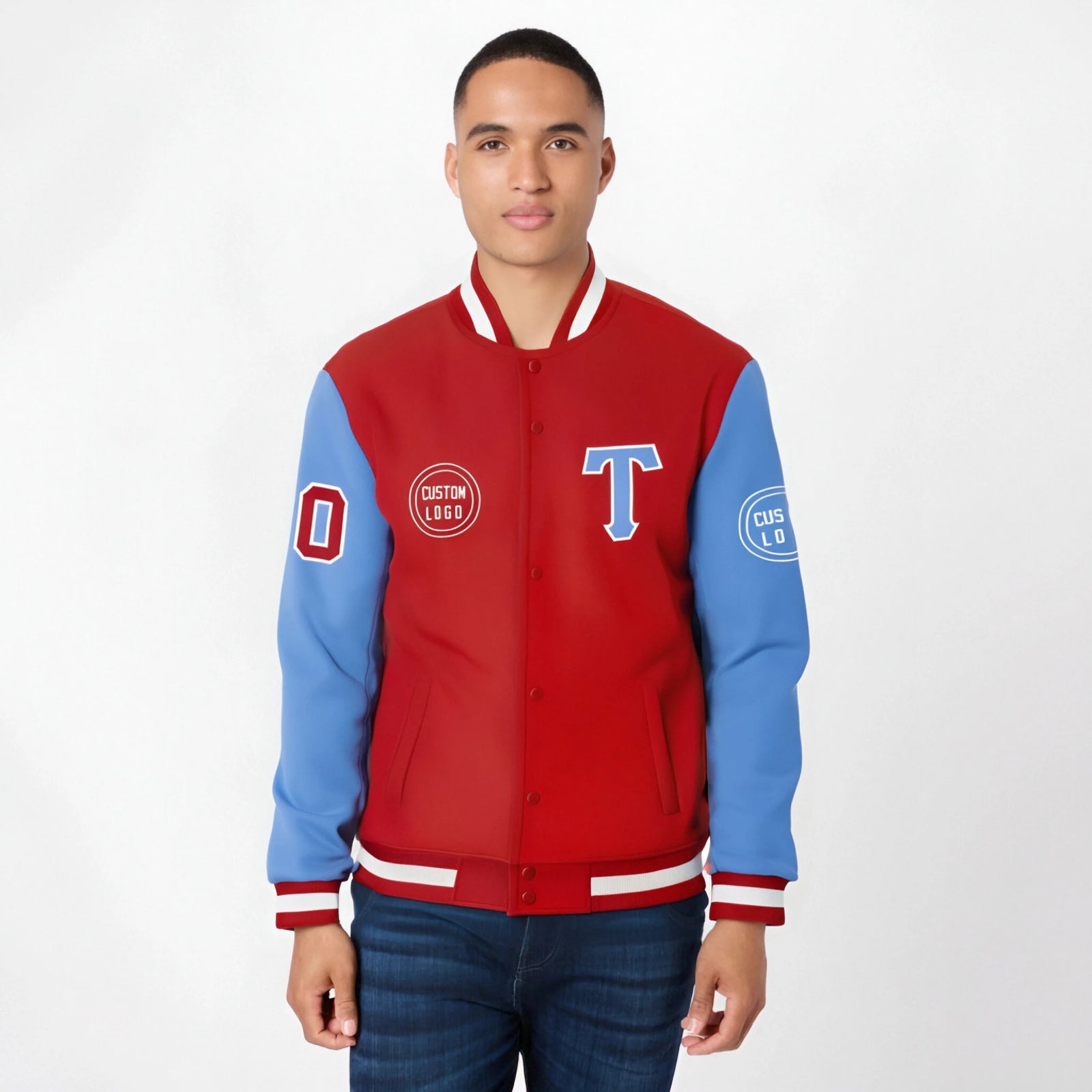 Custom Red Powder Blue Bomber Full-Snap Varsity Letterman Two Tone Jacket