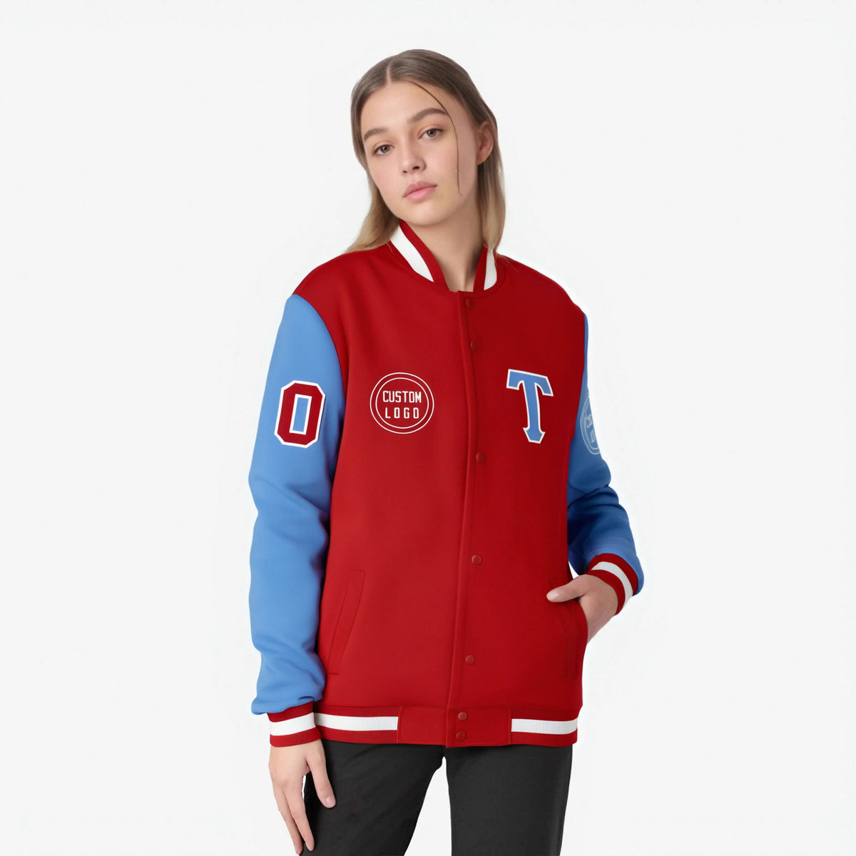 Custom Red Powder Blue Bomber Full-Snap Varsity Letterman Two Tone Jacket