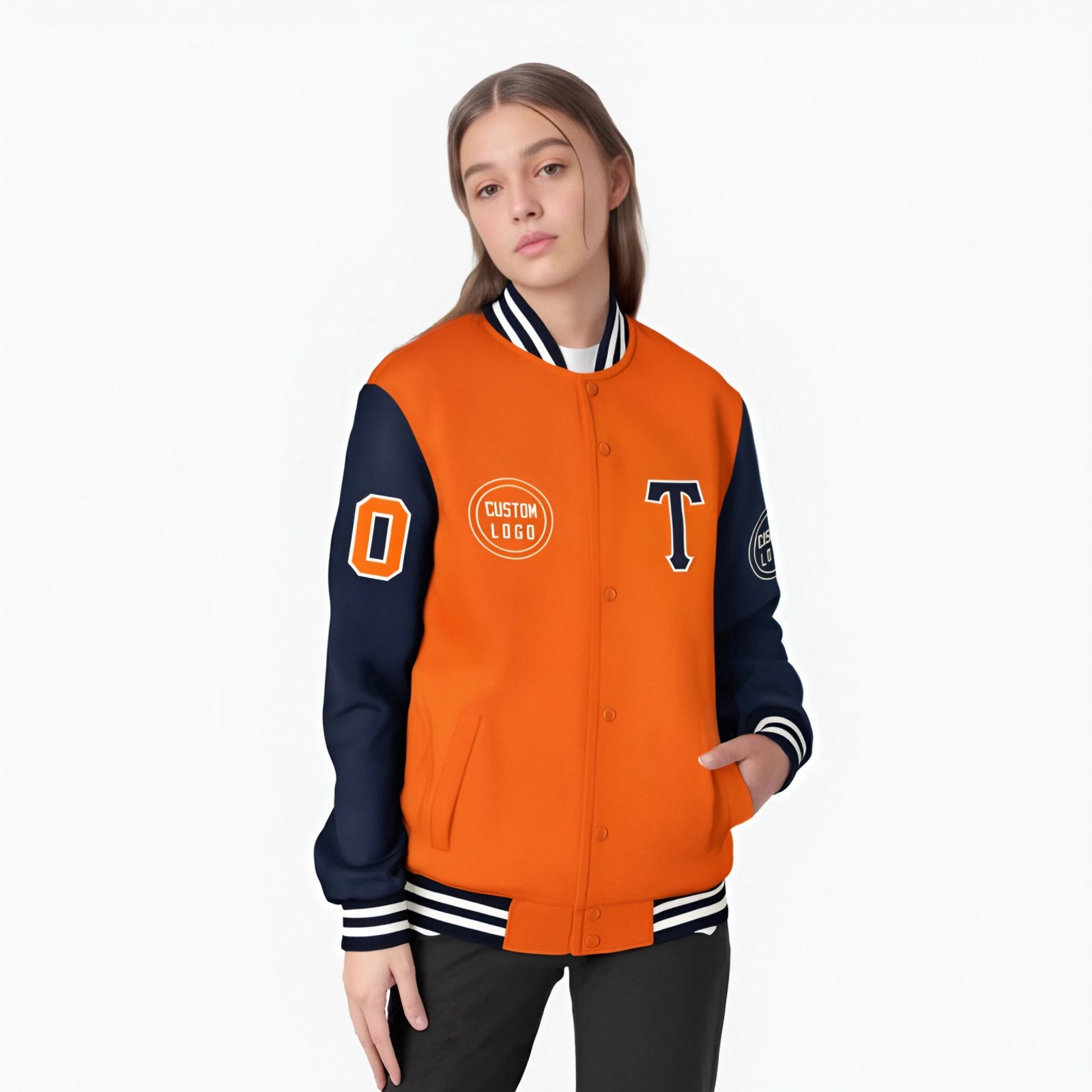 Custom Orange Navy Bomber Full-Snap Varsity Letterman Two Tone Jacket