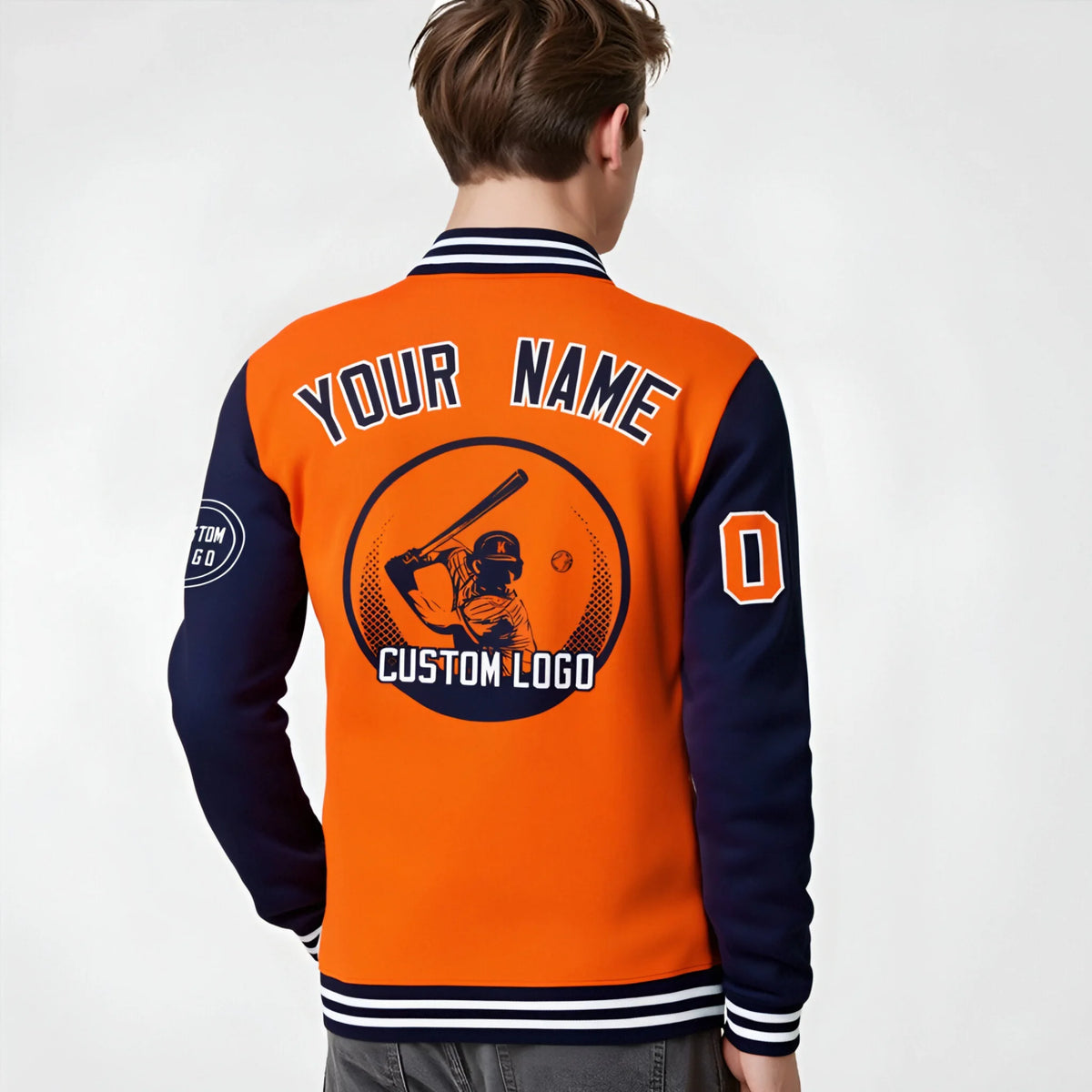 Custom Orange Navy Bomber Full-Snap Varsity Letterman Two Tone Jacket