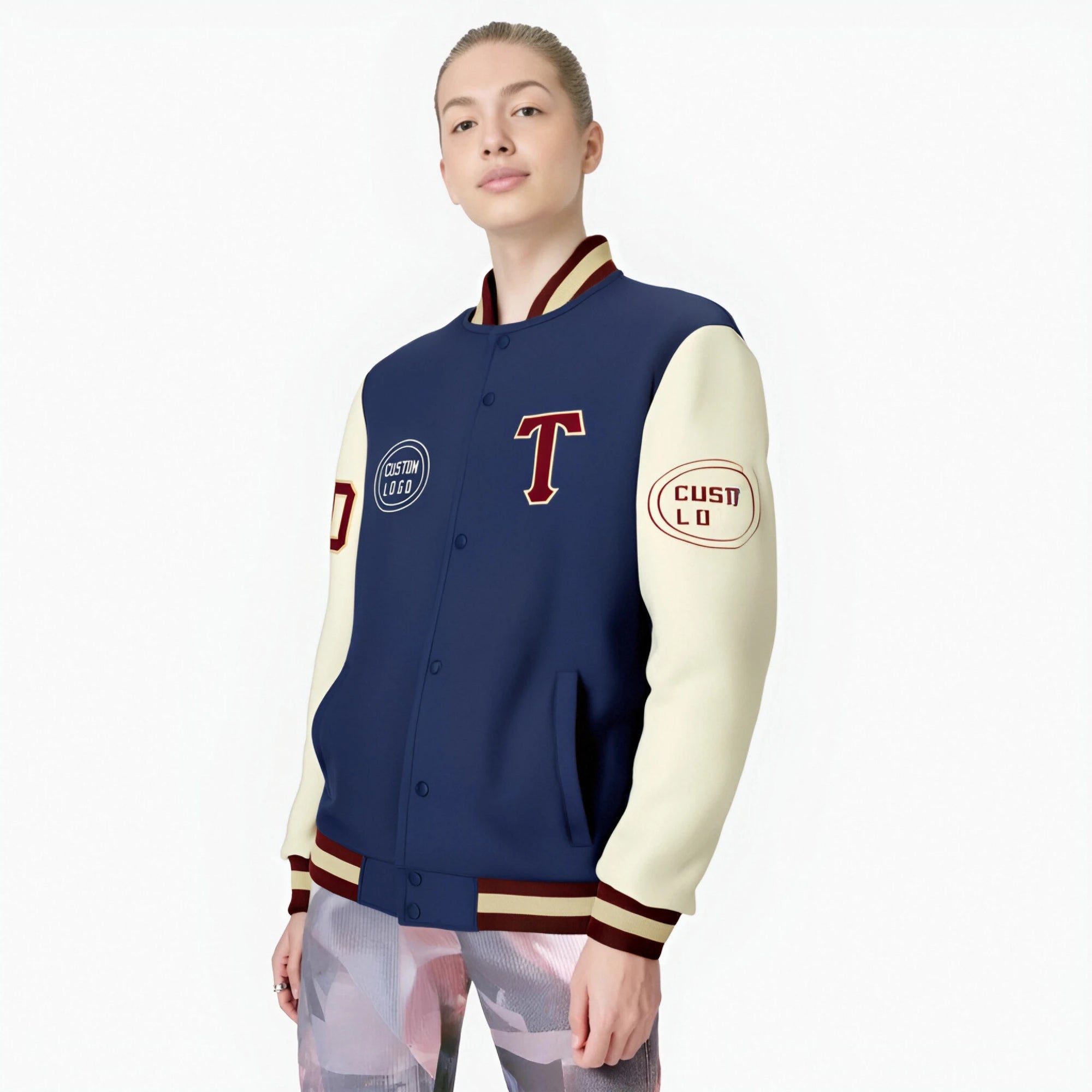 Custom Navy Cream Bomber Full-Snap Varsity Letterman Two Tone Jacket