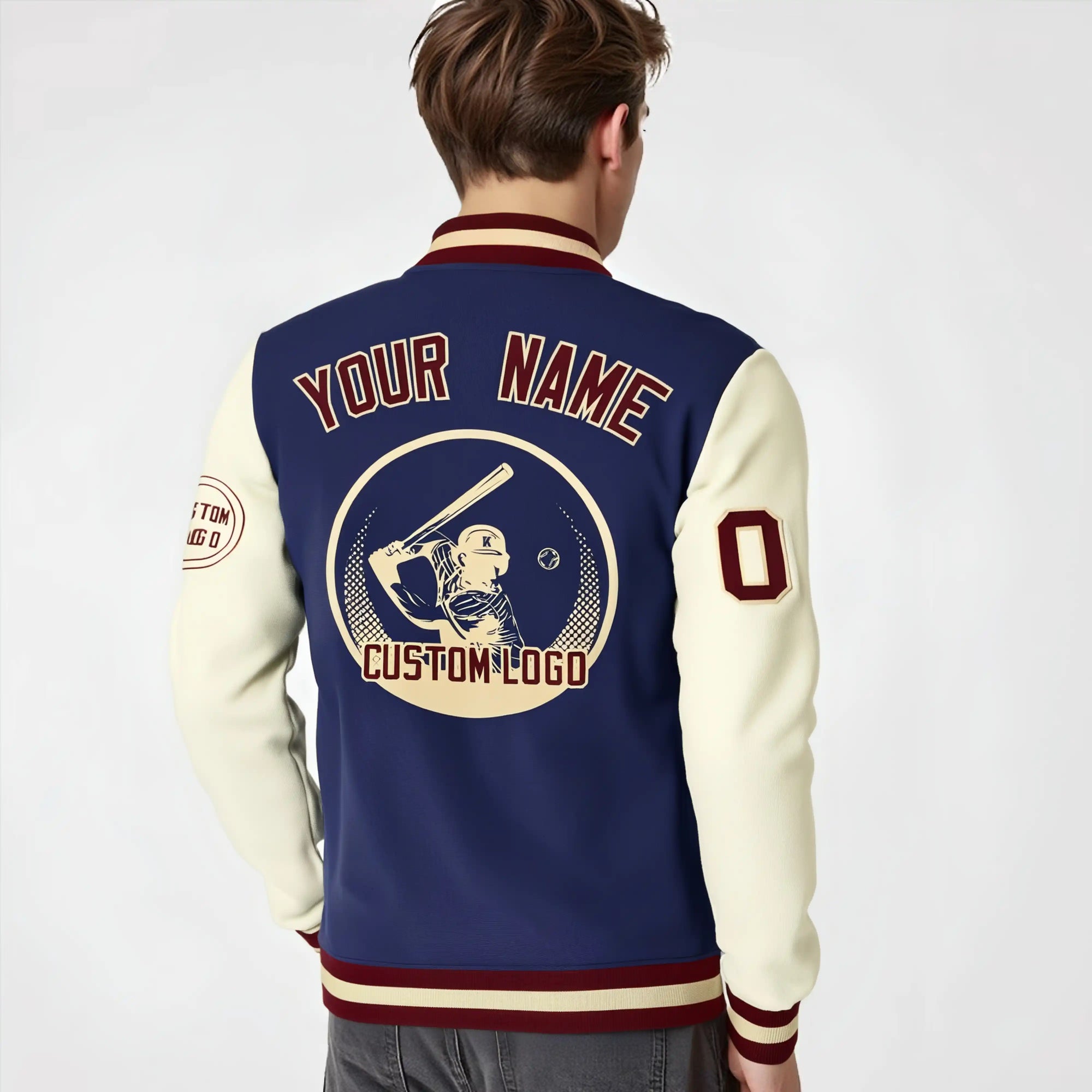 Custom Navy Cream Bomber Full-Snap Varsity Letterman Two Tone Jacket