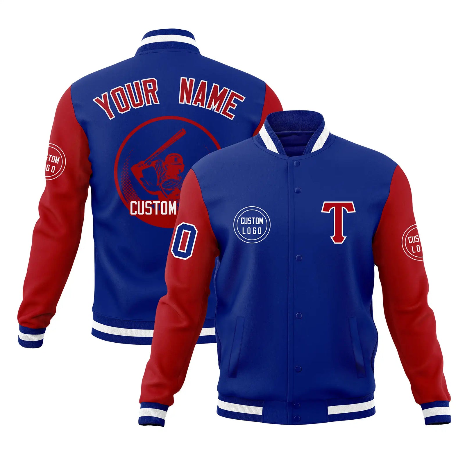Custom Royal Blue Red Bomber Full-Snap Varsity Letterman Two Tone Jacket