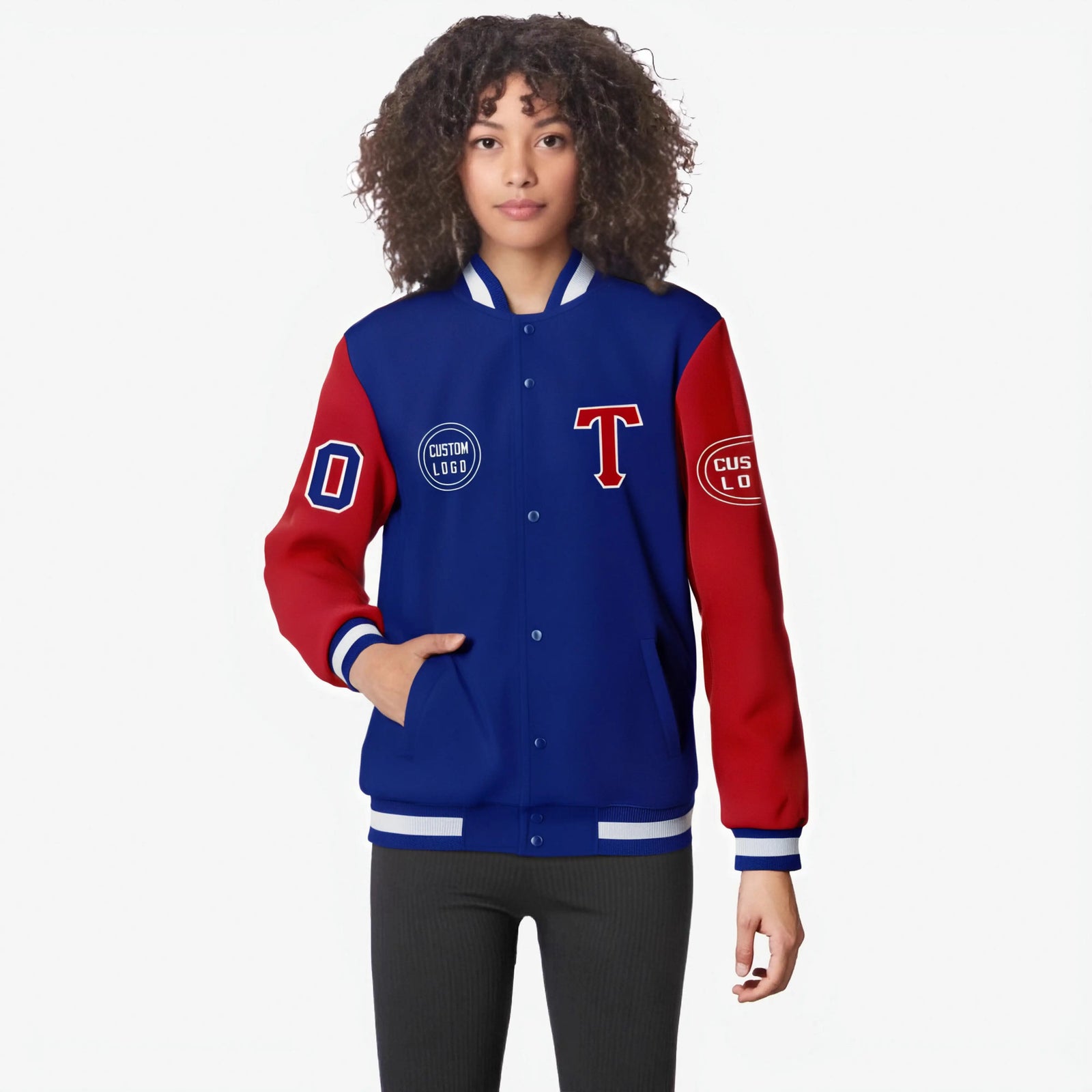Custom Royal Blue Red Bomber Full-Snap Varsity Letterman Two Tone Jacket