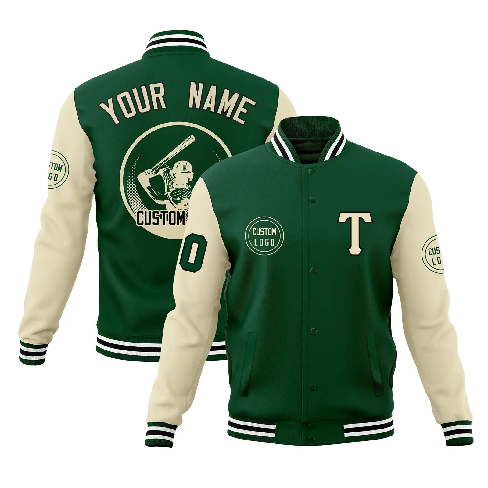 Custom Green Cream Bomber Full-Snap Varsity Letterman Two Tone Jacket
