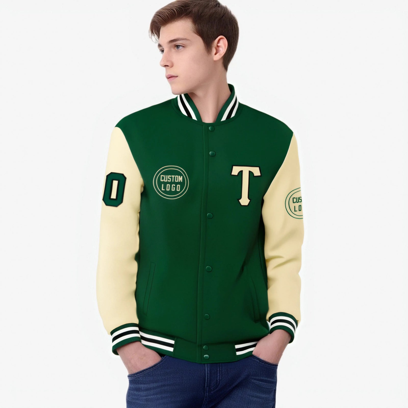 Custom Green Cream Bomber Full-Snap Varsity Letterman Two Tone Jacket