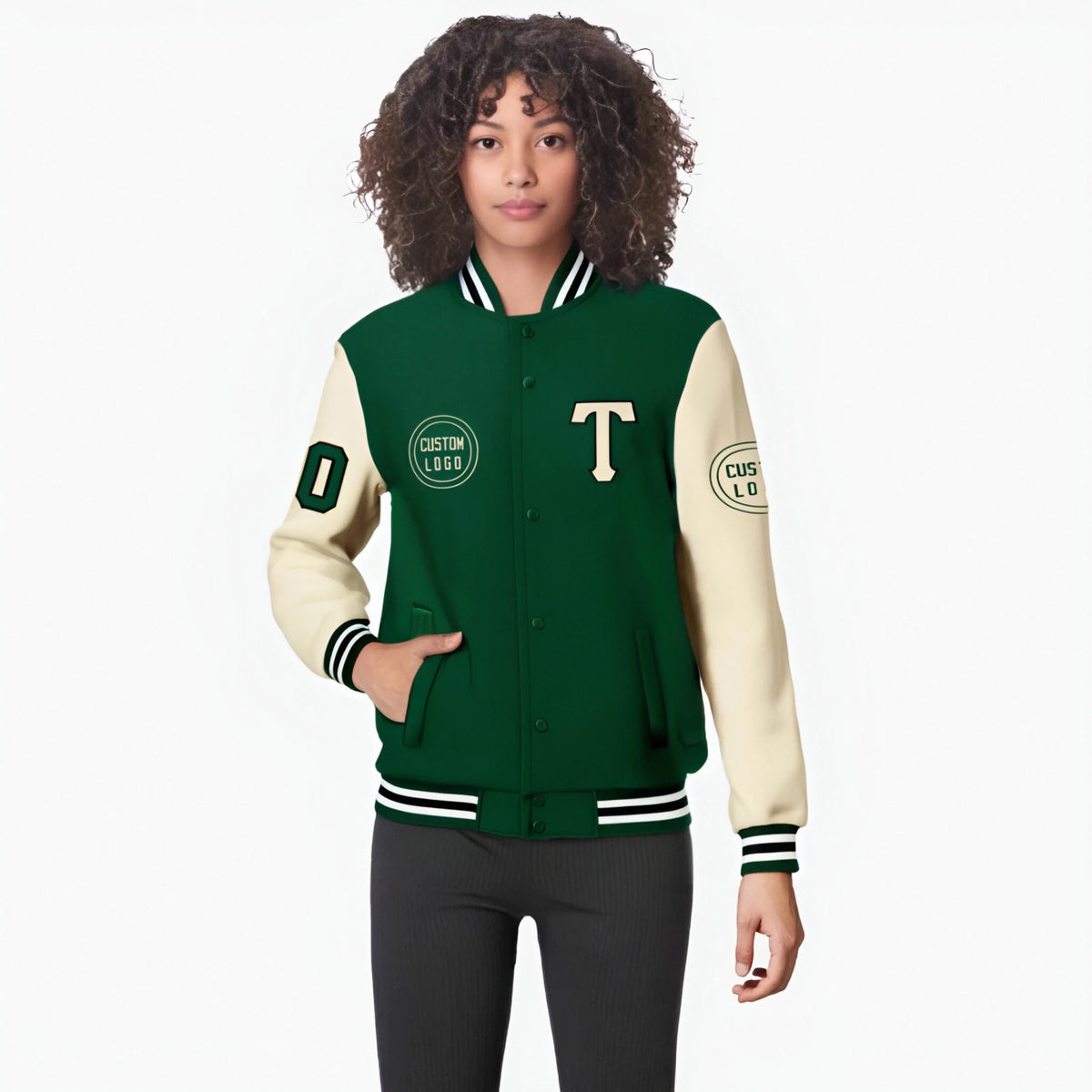 Custom Green Cream Bomber Full-Snap Varsity Letterman Two Tone Jacket