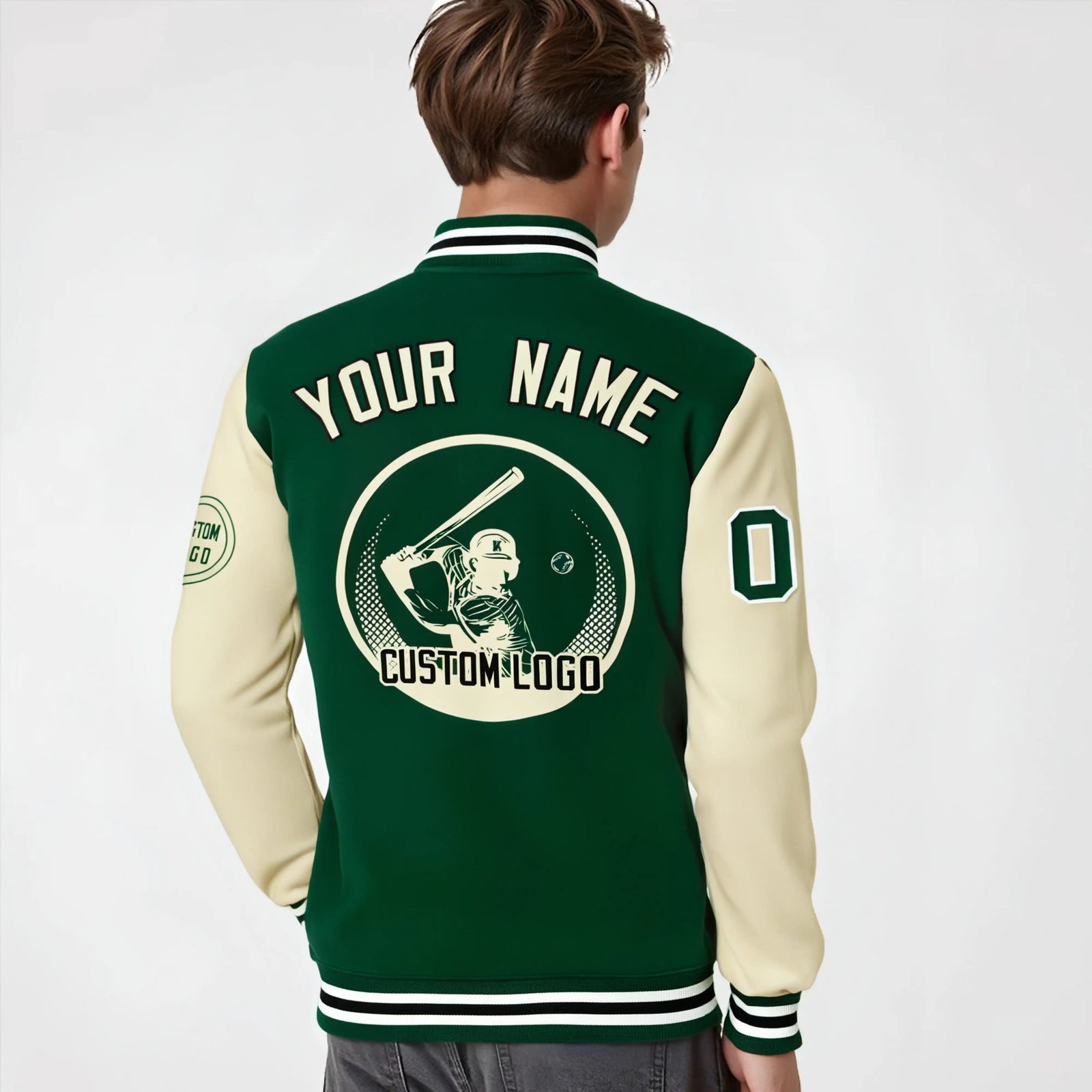 Custom Green Cream Bomber Full-Snap Varsity Letterman Two Tone Jacket