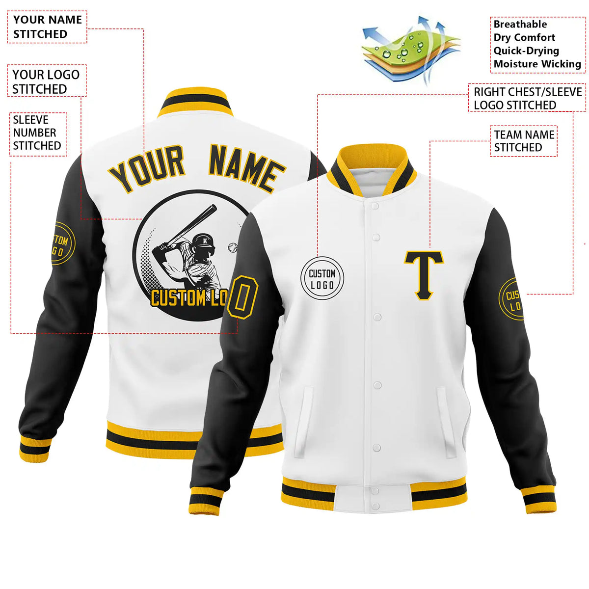 Custom White Black Bomber Full-Snap Varsity Letterman Two Tone Jacket