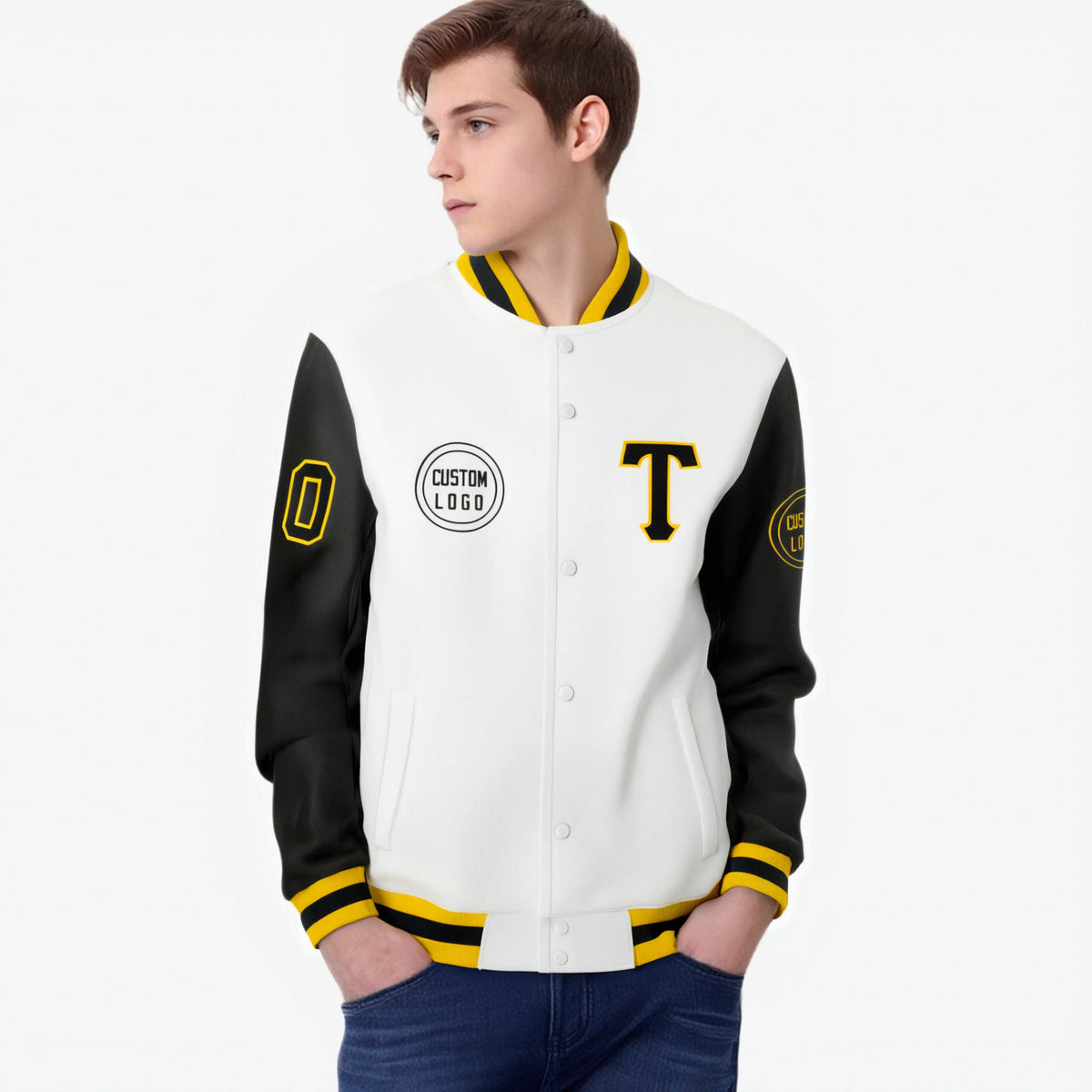 Custom White Black Bomber Full-Snap Varsity Letterman Two Tone Jacket