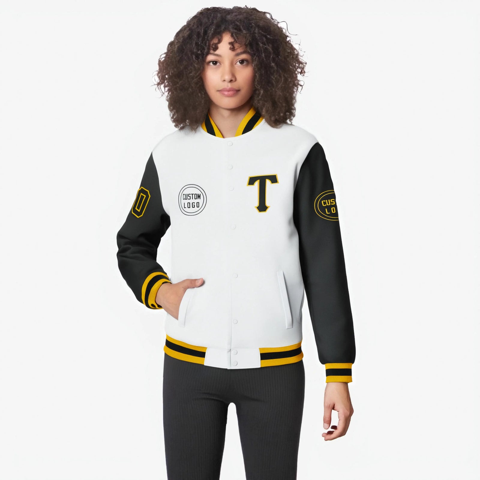 Custom White Black Bomber Full-Snap Varsity Letterman Two Tone Jacket